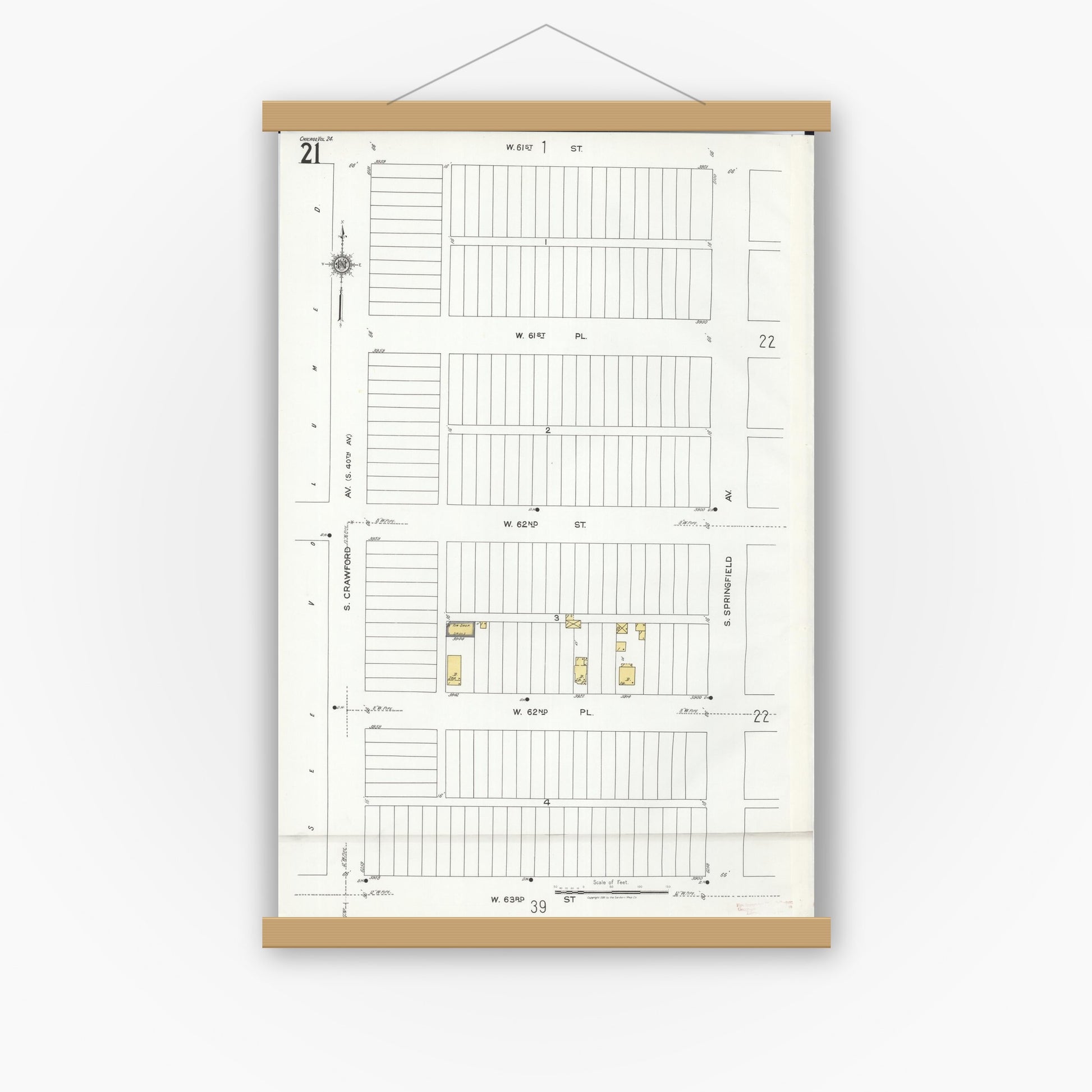 Old map wall art mockup — magnetic wood frame on white wall — Sanborn Fire Insurance Map from Chicago, Cook County, Illinois (1920), Sheet #0021