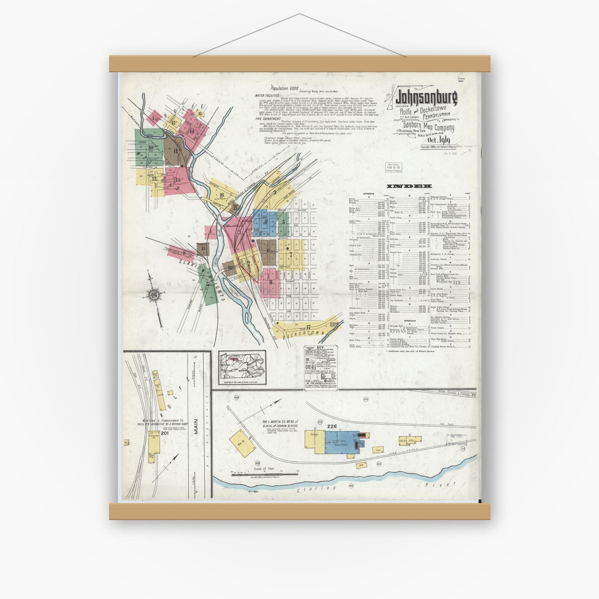 Old map wall art mockup — magnetic wood frame on white wall — Sanborn Fire Insurance Map from Johnsonburg, Elk County, Pennsylvania (1919) - Complete Map Set