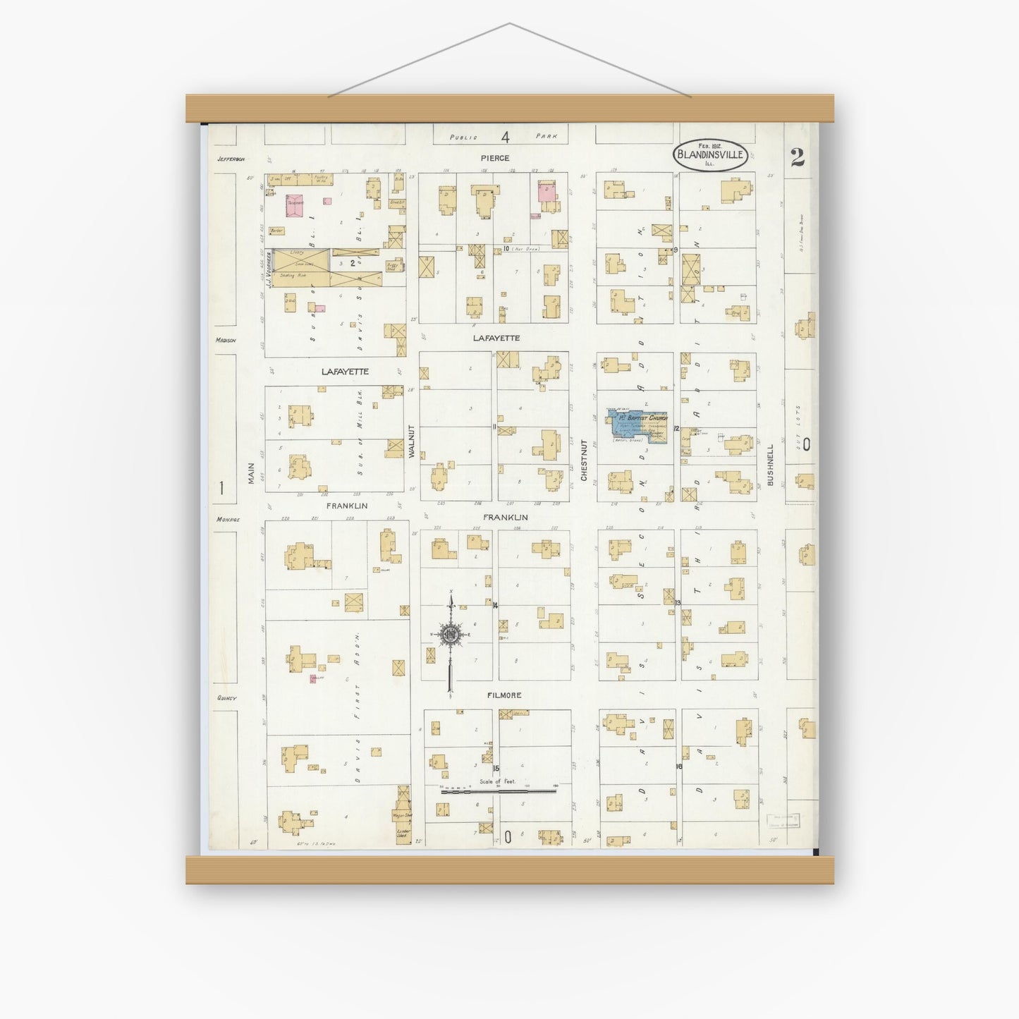 Old map wall art mockup — magnetic wood frame on white wall — Sanborn Fire Insurance Map from Blandinsville, Mcdonough County, Illinois (1912), Sheet #0002