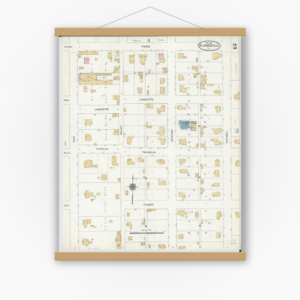 Old map wall art mockup — magnetic wood frame on white wall — Sanborn Fire Insurance Map from Blandinsville, Mcdonough County, Illinois (1912), Sheet #0002