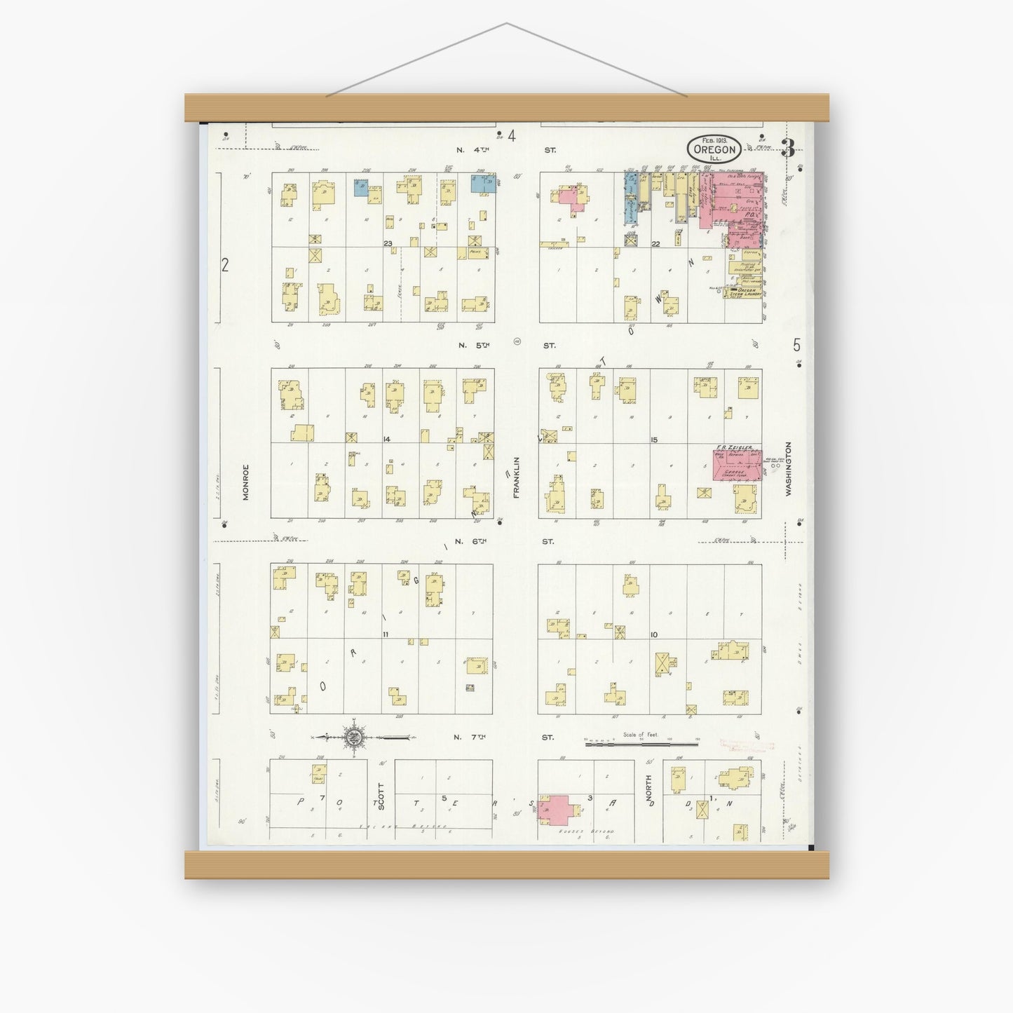 Old map wall art mockup — magnetic wood frame on white wall — Sanborn Fire Insurance Map from Oregon, Ogle County, Illinois (1913), Sheet #0003