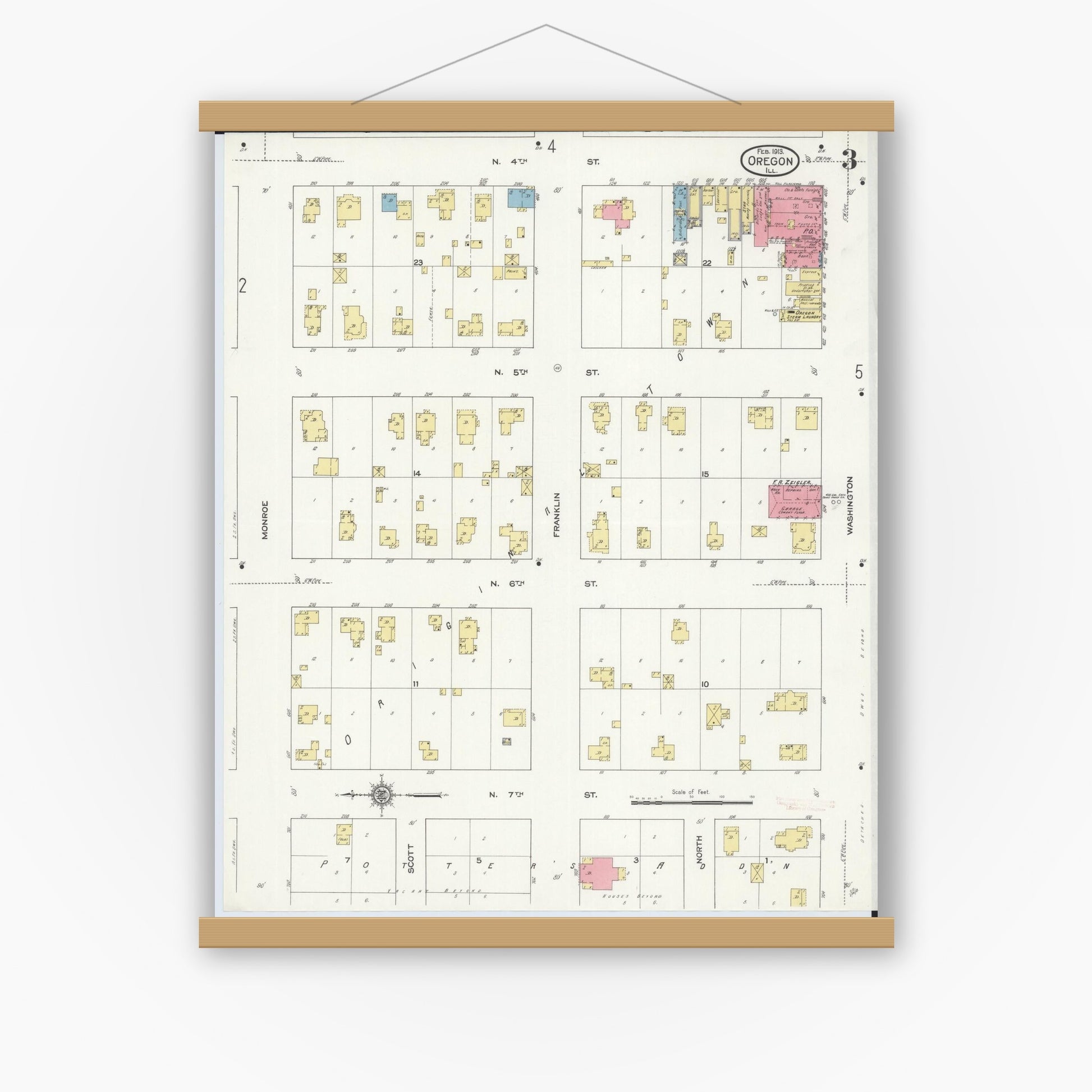 Old map wall art mockup — magnetic wood frame on white wall — Sanborn Fire Insurance Map from Oregon, Ogle County, Illinois (1913), Sheet #0003