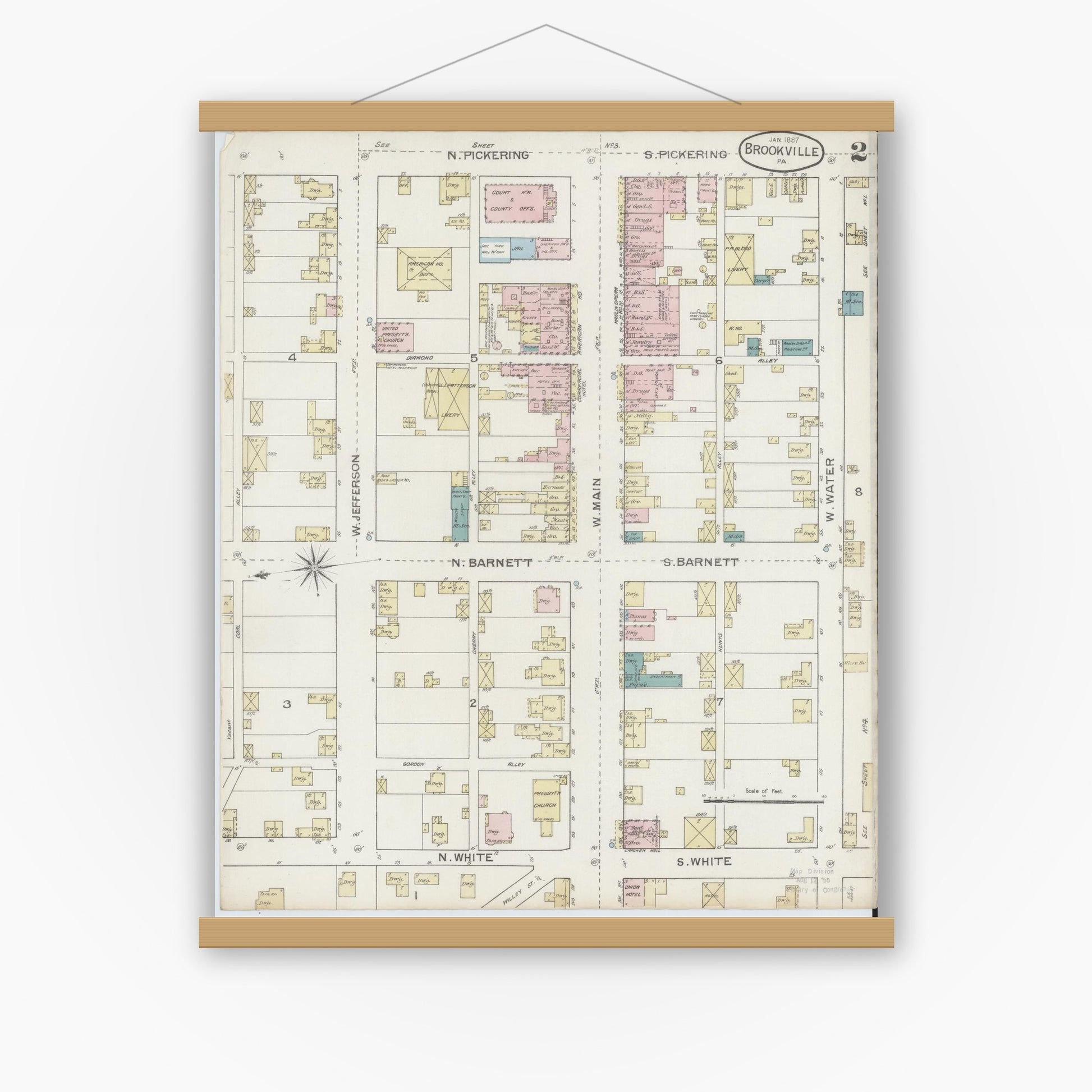 Old map wall art mockup — magnetic wood frame on white wall — Sanborn Fire Insurance Map from Brookville, Jefferson County, Pennsylvania (1887), Sheet #0002