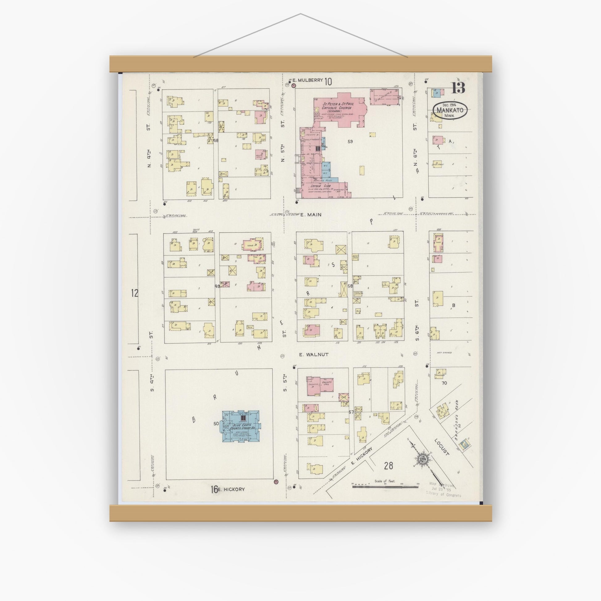Old map wall art mockup — magnetic wood frame on white wall — Sanborn Fire Insurance Map from Mankato, Blue Earth County, Minnesota (1914), Sheet #0013
