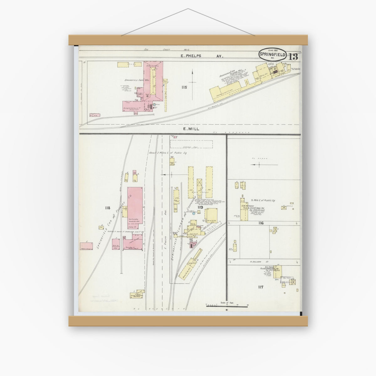 Old map wall art mockup — magnetic wood frame on white wall — Sanborn Fire Insurance Map from Springfield, Greene County, Missouri (1891), Sheet #0013
