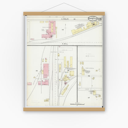Old map wall art mockup — magnetic wood frame on white wall — Sanborn Fire Insurance Map from Springfield, Greene County, Missouri (1891), Sheet #0013