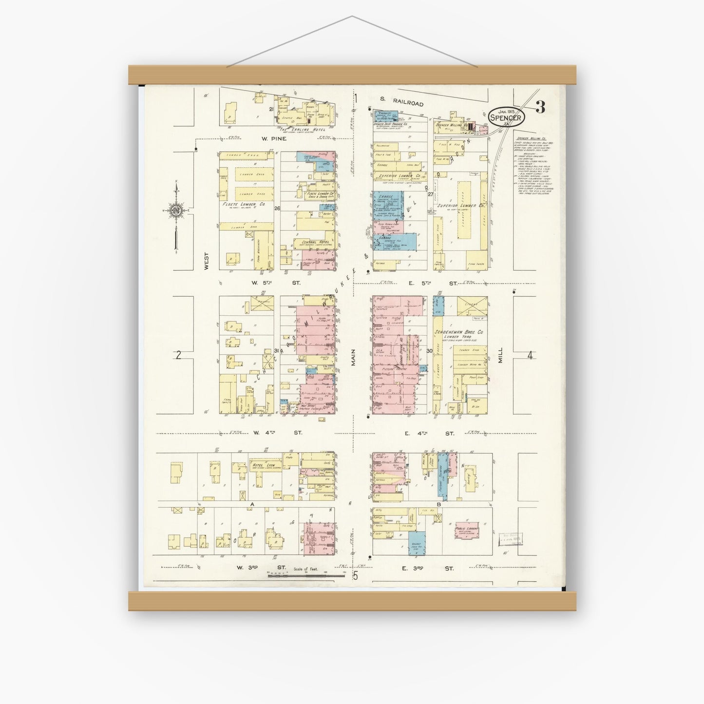 Old map wall art mockup — magnetic wood frame on white wall — Sanborn Fire Insurance Map from Spencer, Clay County, Iowa (1915), Sheet #0003