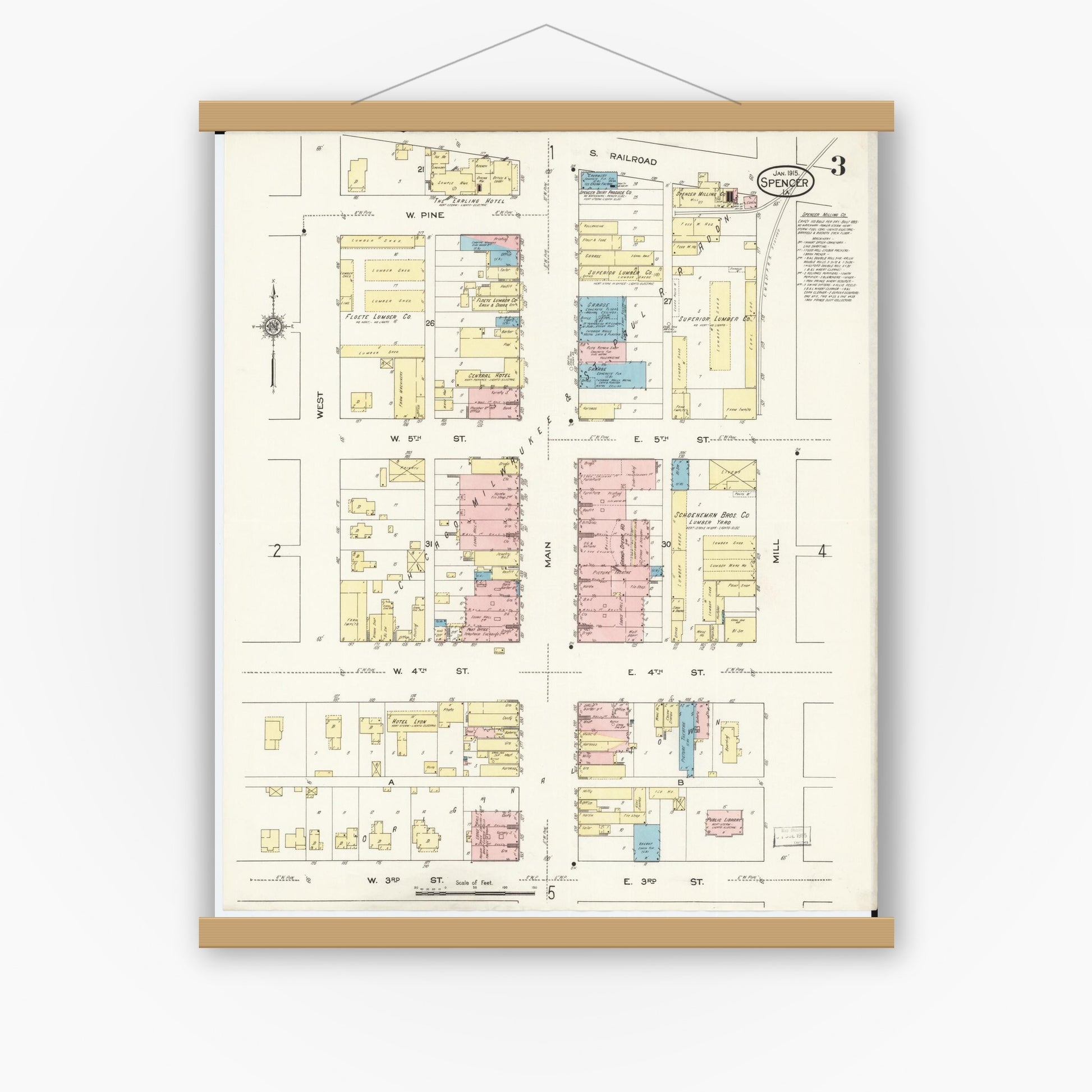 Old map wall art mockup — magnetic wood frame on white wall — Sanborn Fire Insurance Map from Spencer, Clay County, Iowa (1915), Sheet #0003