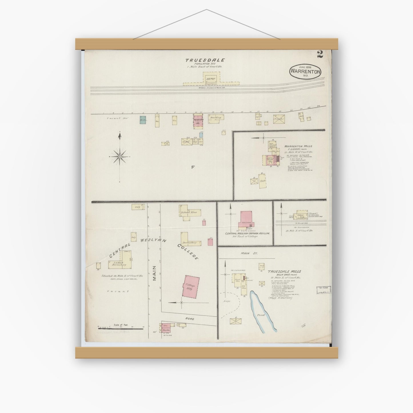 Old map wall art mockup — magnetic wood frame on white wall — Sanborn Fire Insurance Map from Warrenton, Warren County, Missouri (1886), Sheet #0002