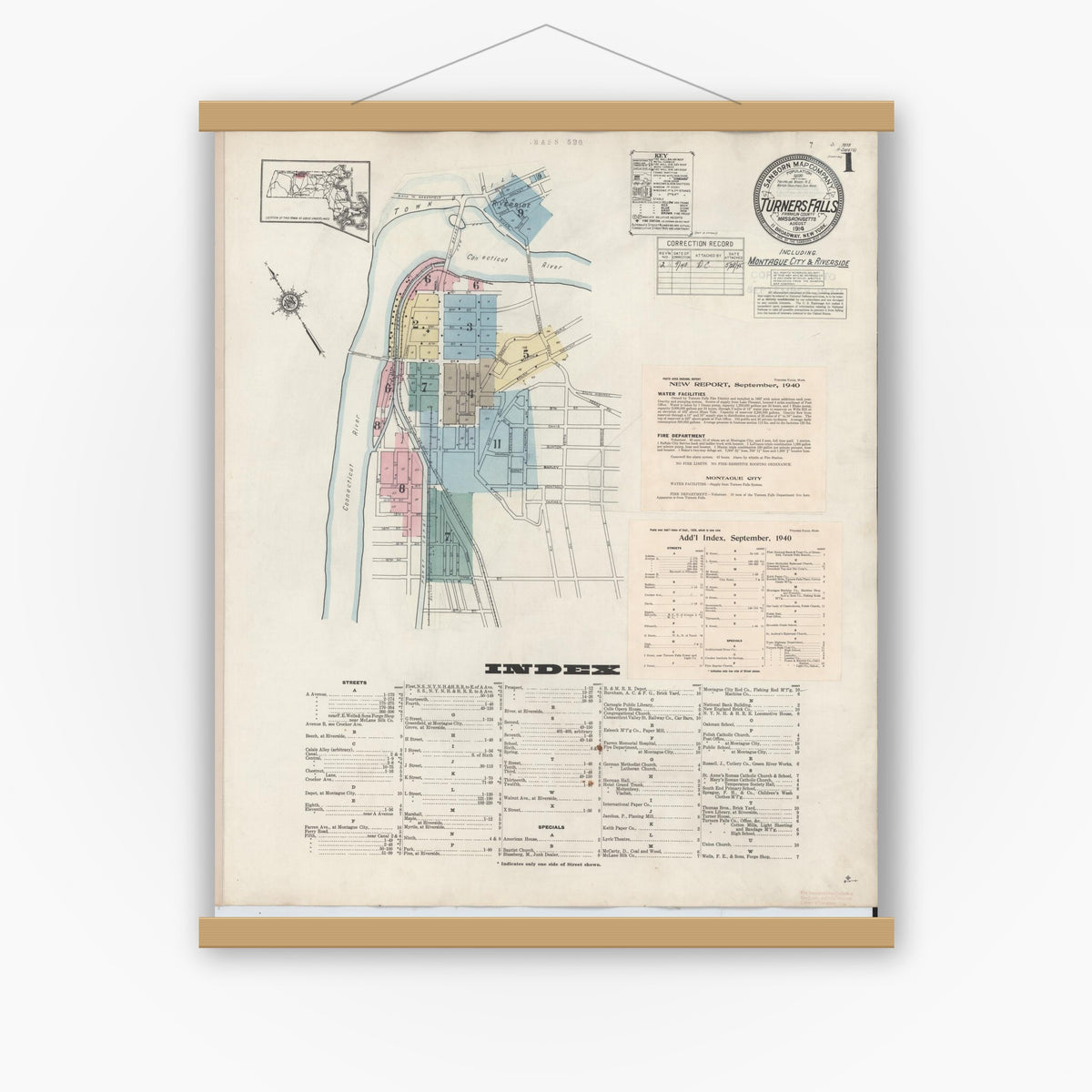 Old map wall art mockup — magnetic wood frame on white wall — Sanborn Fire Insurance Map from Turners Falls, Franklin County, Massachusetts (1940) - Complete Map Set