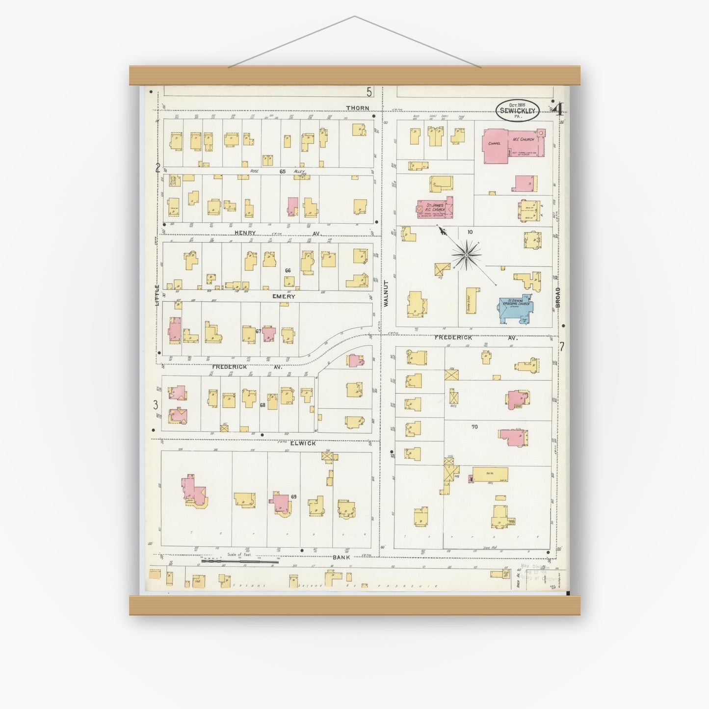 Old map wall art mockup — magnetic wood frame on white wall — Sanborn Fire Insurance Map from Sewickley, Allegheny County, Pennsylvania (1905), Sheet #0004