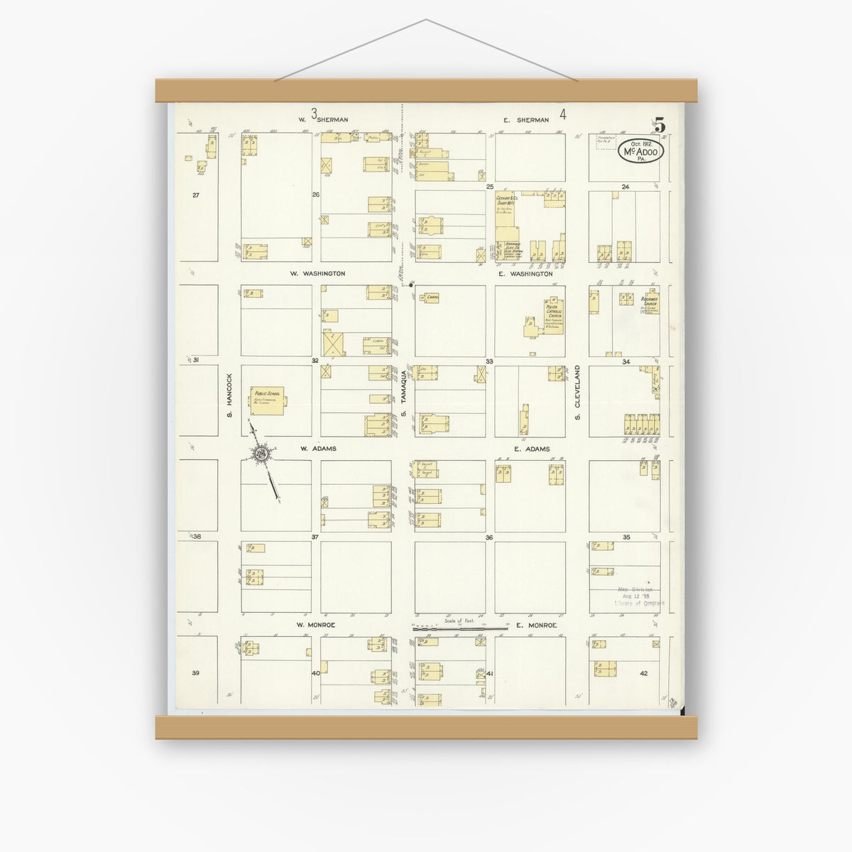 Old map wall art mockup — magnetic wood frame on white wall — Sanborn Fire Insurance Map from McAdoo, Schuylkill County, Pennsylvania (1912), Sheet #0005