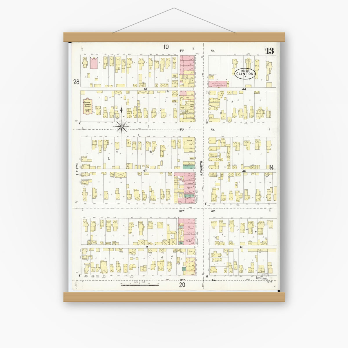 Old map wall art mockup — magnetic wood frame on white wall — Sanborn Fire Insurance Map from Clinton, Clinton County, Iowa (1897), Sheet #0013