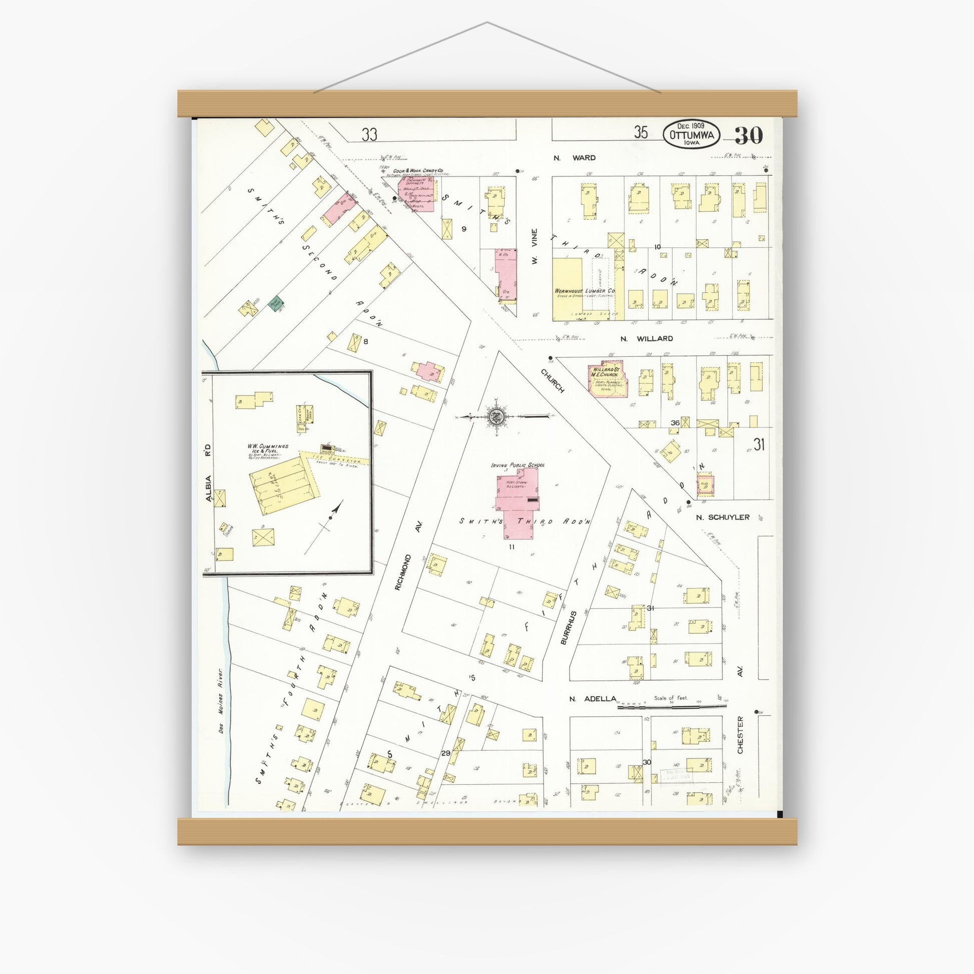 Old map wall art mockup — magnetic wood frame on white wall — Sanborn Fire Insurance Map from Ottumwa, Wapello County, Iowa (1909), Sheet #0030
