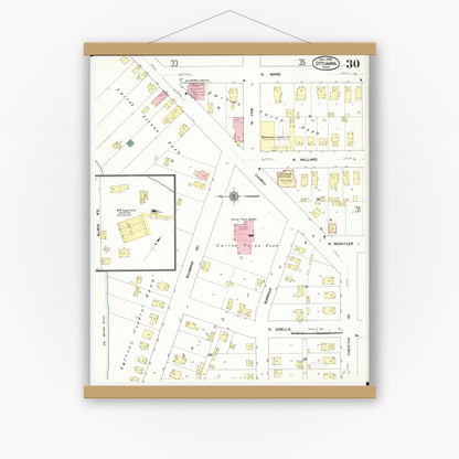 Old map wall art mockup — magnetic wood frame on white wall — Sanborn Fire Insurance Map from Ottumwa, Wapello County, Iowa (1909), Sheet #0030