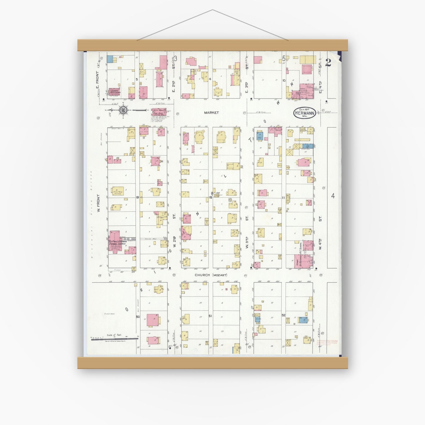 Old map wall art mockup — magnetic wood frame on white wall — Sanborn Fire Insurance Map from Hermann, Gasconade County, Missouri (1917), Sheet #0002