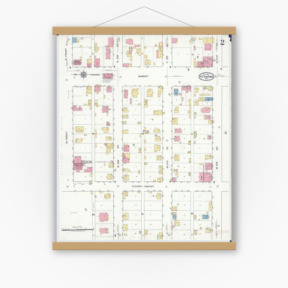 Old map wall art mockup — magnetic wood frame on white wall — Sanborn Fire Insurance Map from Hermann, Gasconade County, Missouri (1917), Sheet #0002