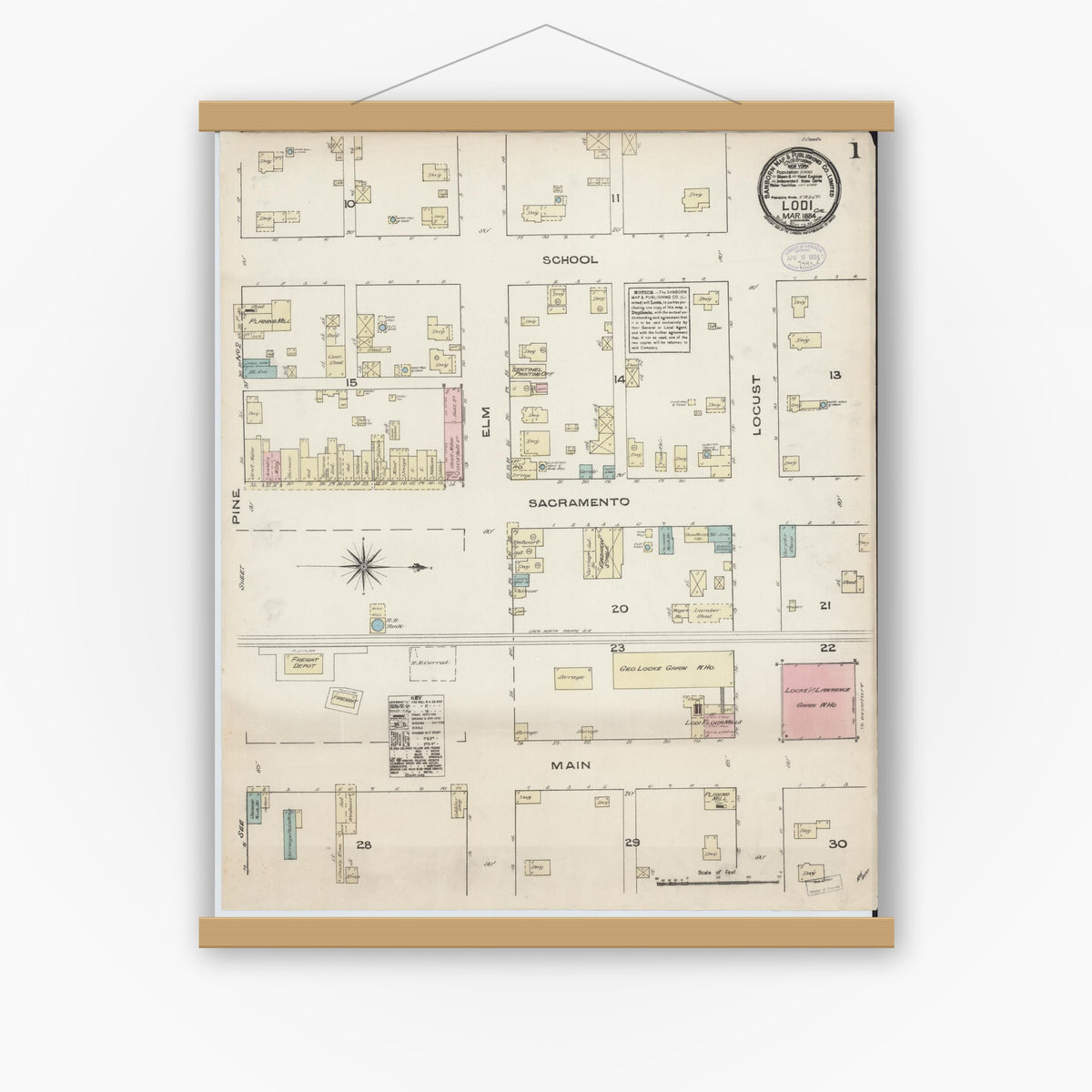 Old map wall art mockup — magnetic wood frame on white wall — Sanborn Fire Insurance Map from Lodi, San Joaquin County, California (1884) - Complete Map Set