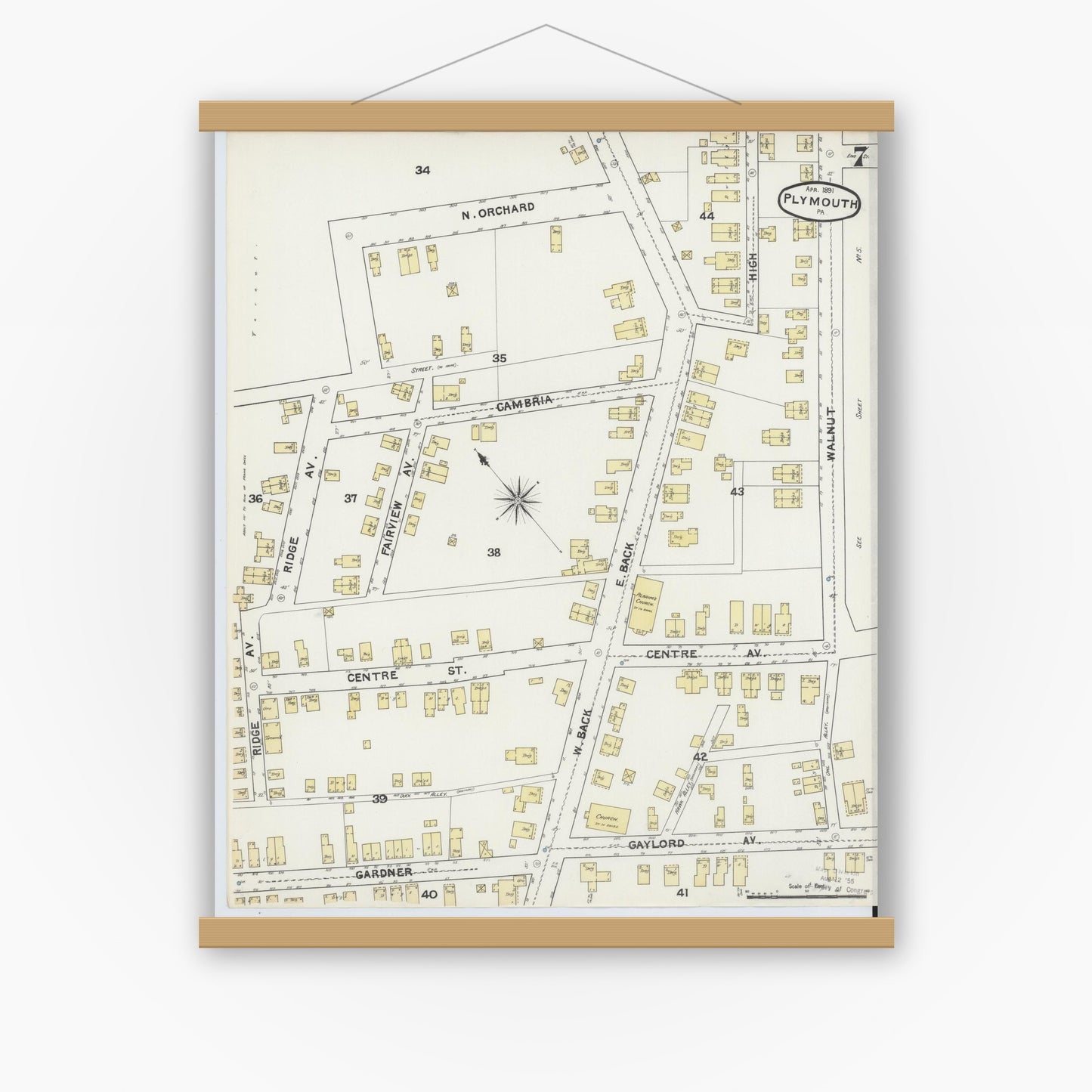 Old map wall art mockup — magnetic wood frame on white wall — Sanborn Fire Insurance Map from Plymouth, Luzerne County, Pennsylvania (1891), Sheet #0007