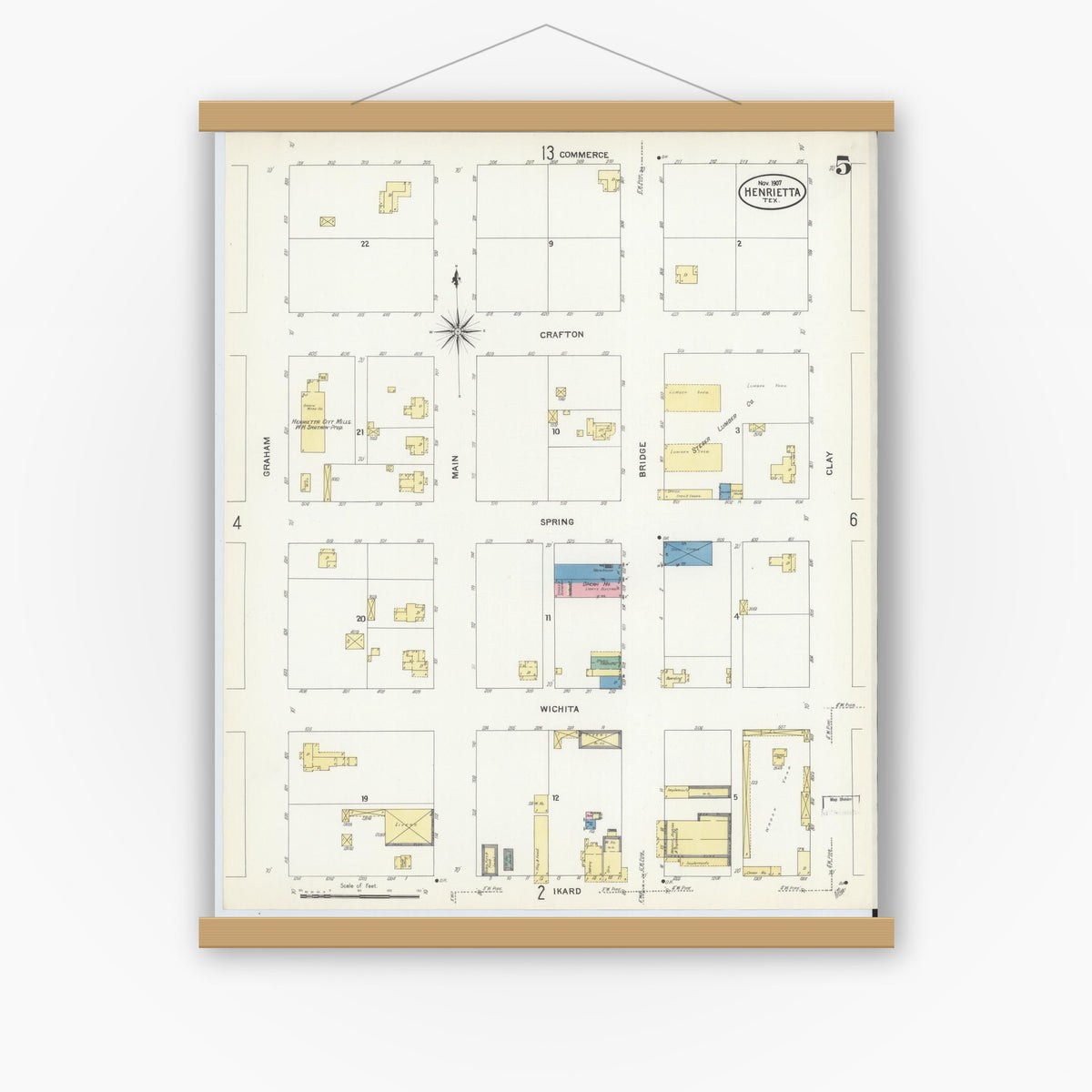 Old map wall art mockup — magnetic wood frame on white wall — Sanborn Fire Insurance Map from Henrietta, Clay County, Texas (1907), Sheet #0005