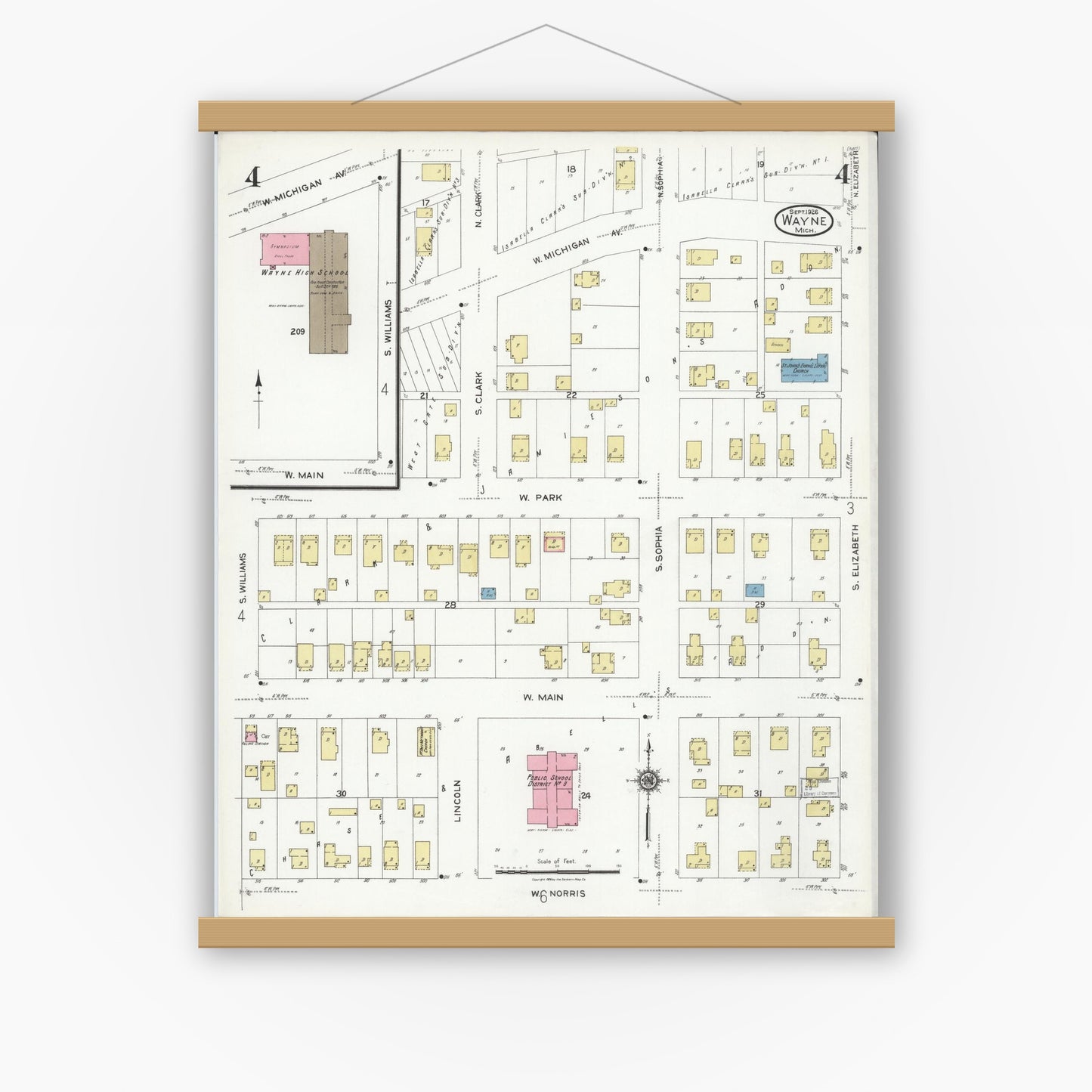 Old map wall art mockup — magnetic wood frame on white wall — Sanborn Fire Insurance Map from Wayne, Wayne County, Michigan (1926), Sheet #0004