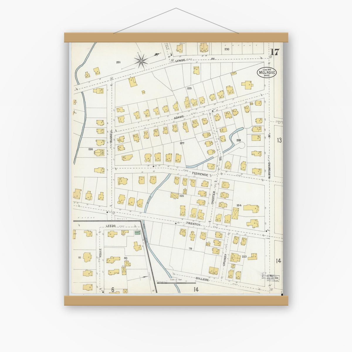 Old map wall art mockup — magnetic wood frame on white wall — Sanborn Fire Insurance Map from Melrose, Middlesex County, Massachusetts (1903), Sheet #0017