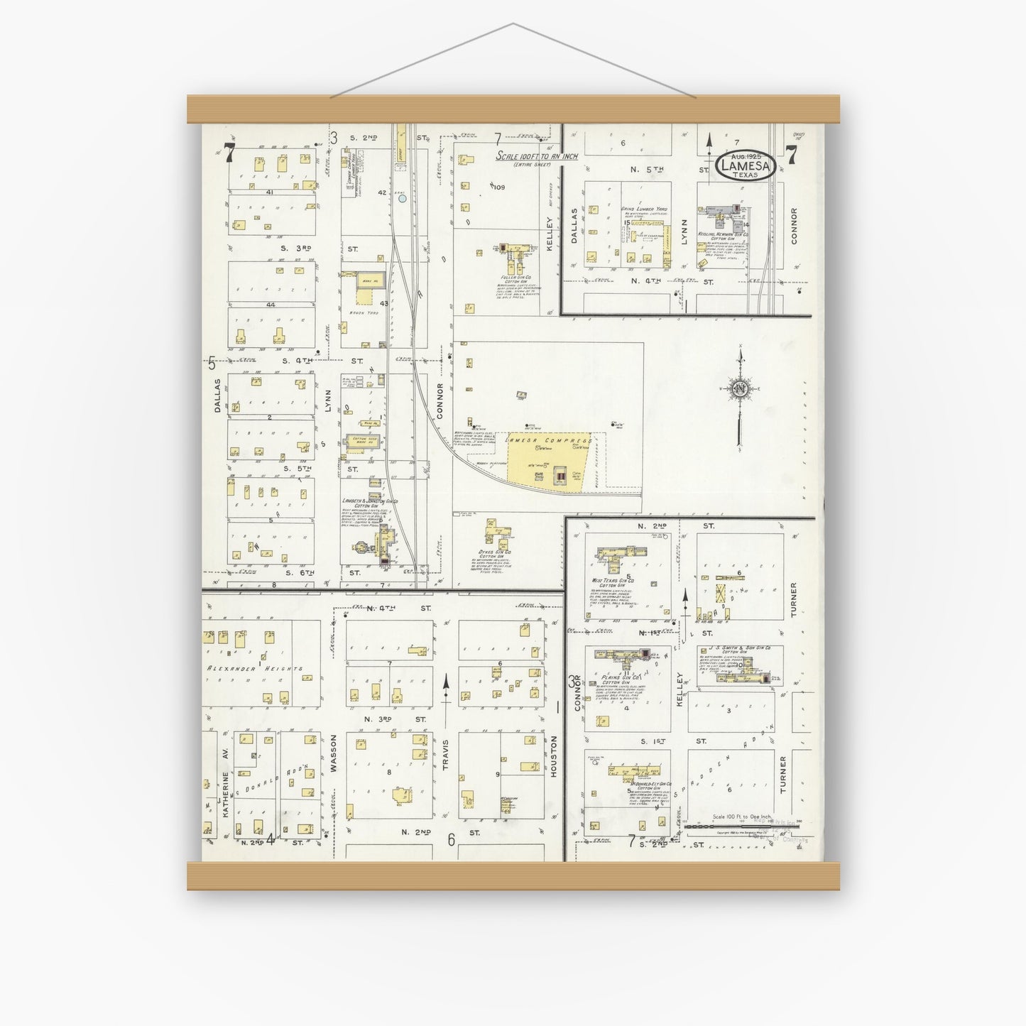 Old map wall art mockup — magnetic wood frame on white wall — Sanborn Fire Insurance Map from Lamesa, Dawson County, Texas (1925), Sheet #0007
