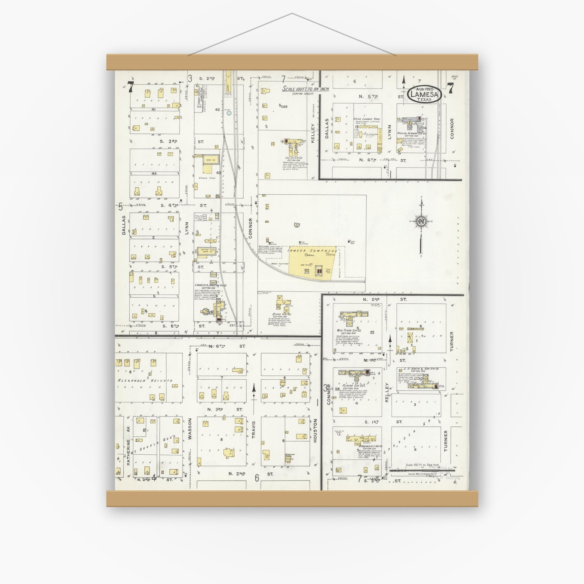 Old map wall art mockup — magnetic wood frame on white wall — Sanborn Fire Insurance Map from Lamesa, Dawson County, Texas (1925), Sheet #0007