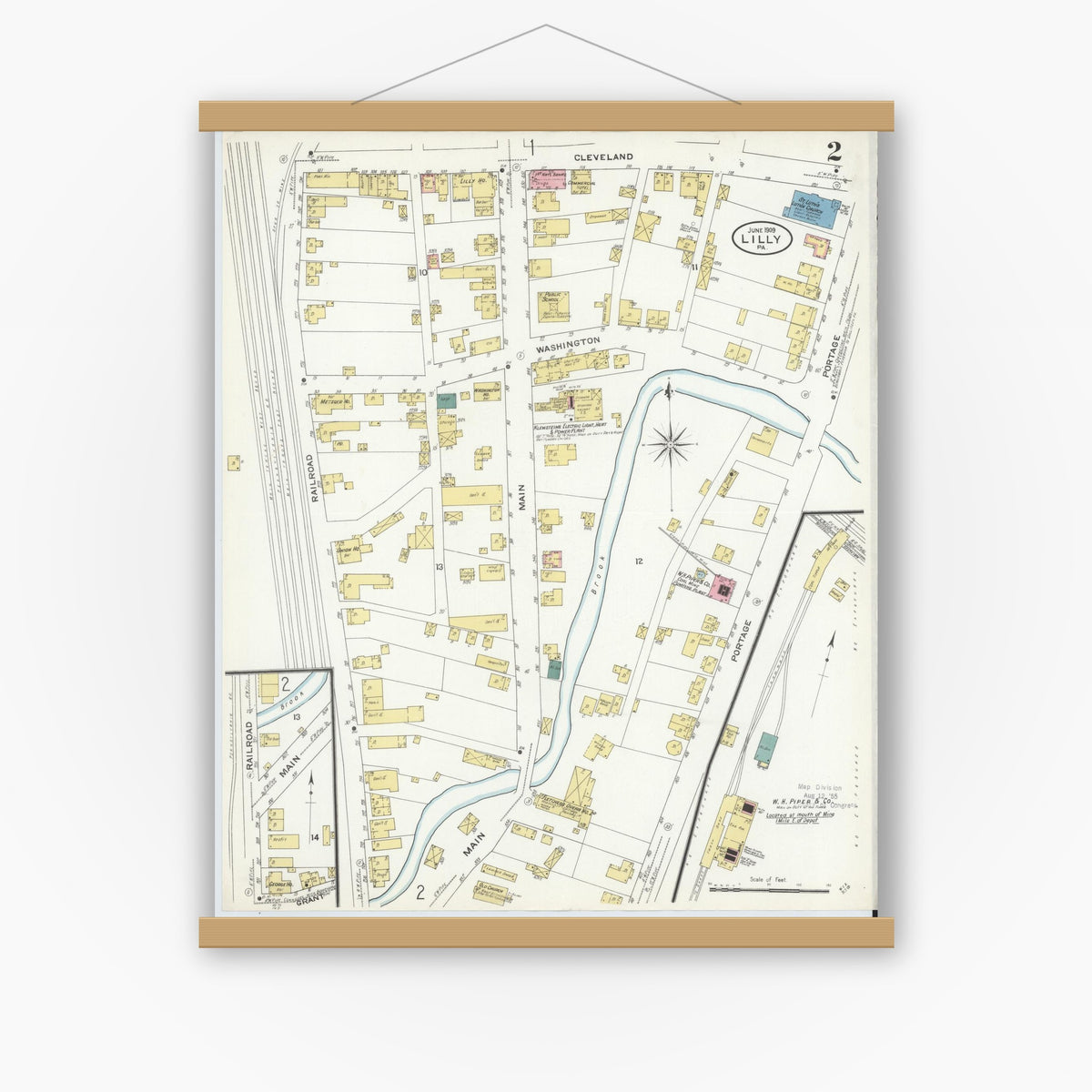 Old map wall art mockup — magnetic wood frame on white wall — Sanborn Fire Insurance Map from Lilly, Cambria County, Pennsylvania (1909), Sheet #0002