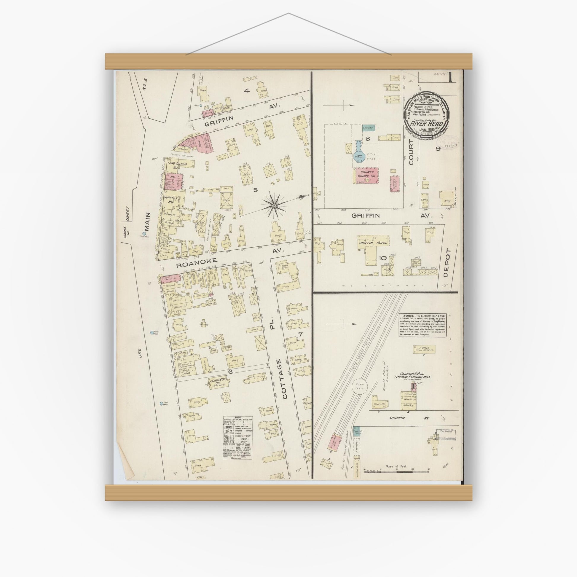 Old map wall art mockup — magnetic wood frame on white wall — Sanborn Fire Insurance Map from Riverhead, Suffolk County, New York (1885) - Complete Map Set
