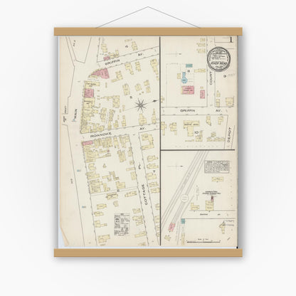 Old map wall art mockup — magnetic wood frame on white wall — Sanborn Fire Insurance Map from Riverhead, Suffolk County, New York (1885) - Complete Map Set