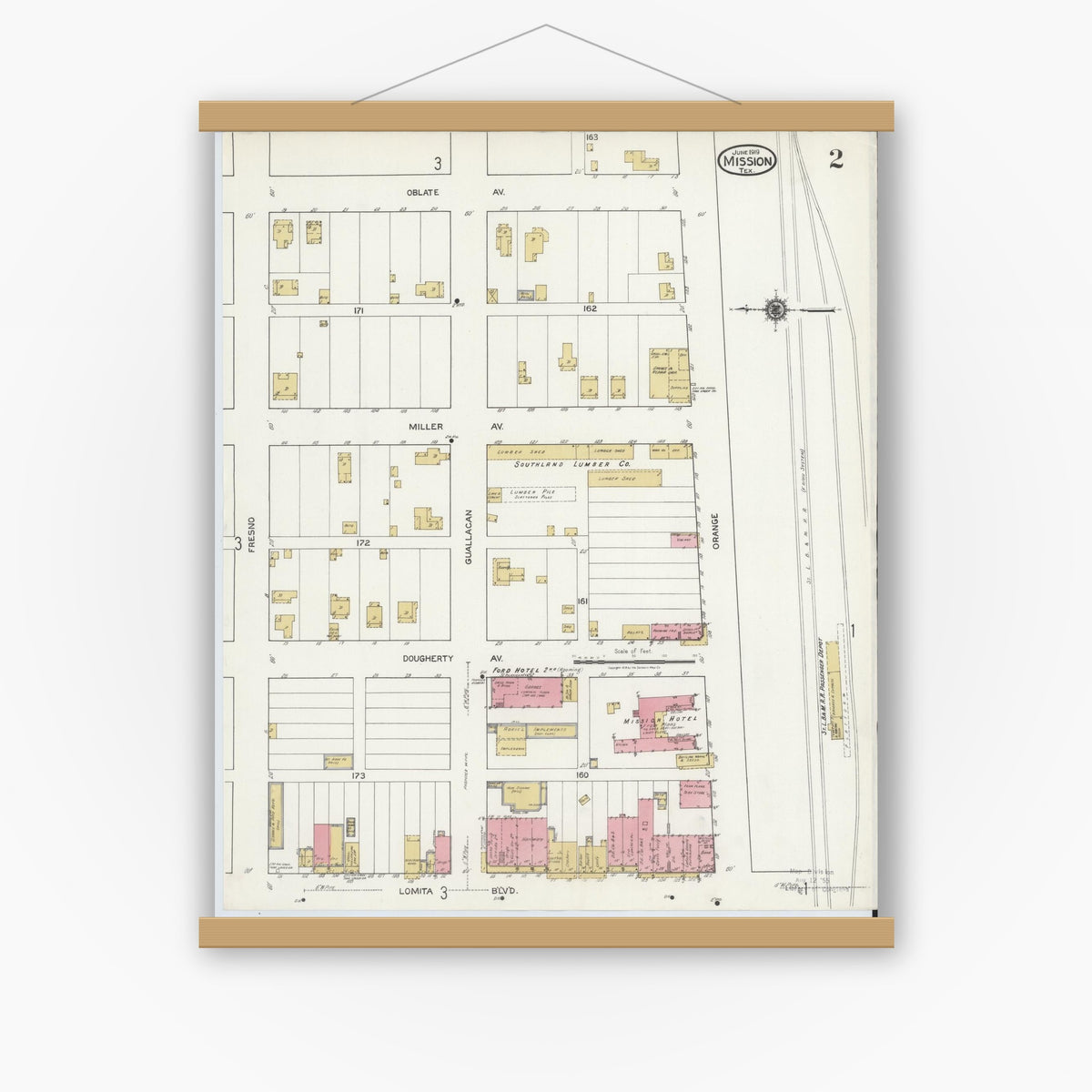 Old map wall art mockup — magnetic wood frame on white wall — Sanborn Fire Insurance Map from Mission, Hidalgo County, Texas (1919), Sheet #0002