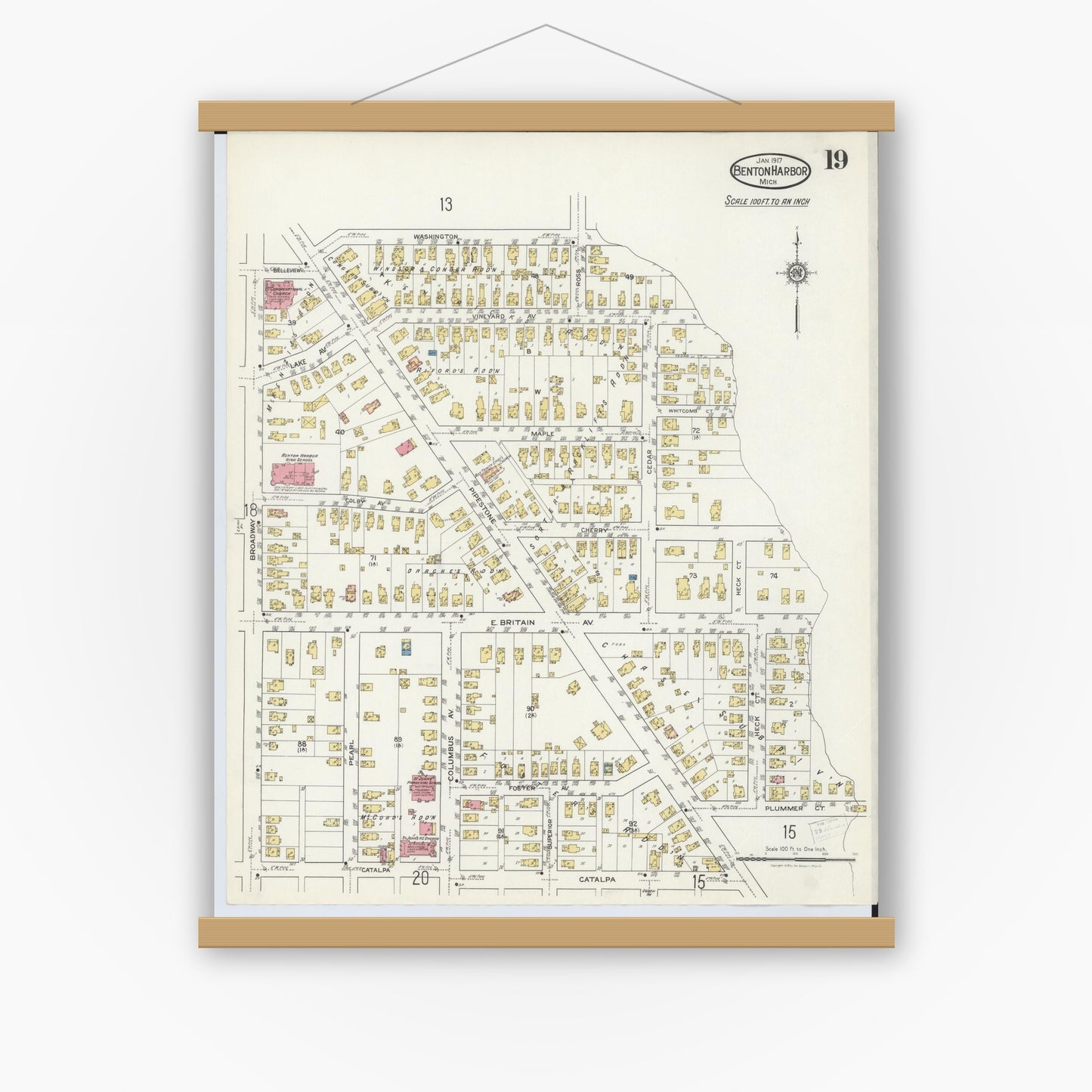 Old map wall art mockup — magnetic wood frame on white wall — Sanborn Fire Insurance Map from Benton Harbor, Berrien County, Michigan (1917), Sheet #0019