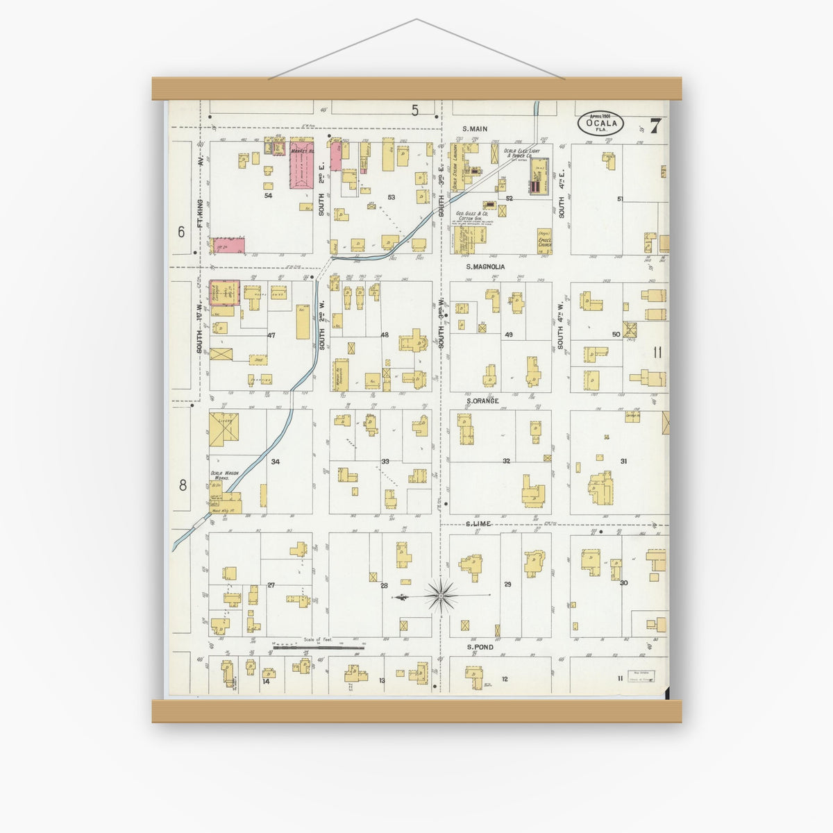 Old map wall art mockup — magnetic wood frame on white wall — Sanborn Fire Insurance Map from Ocala, Marion County, Florida (1901), Sheet #0007