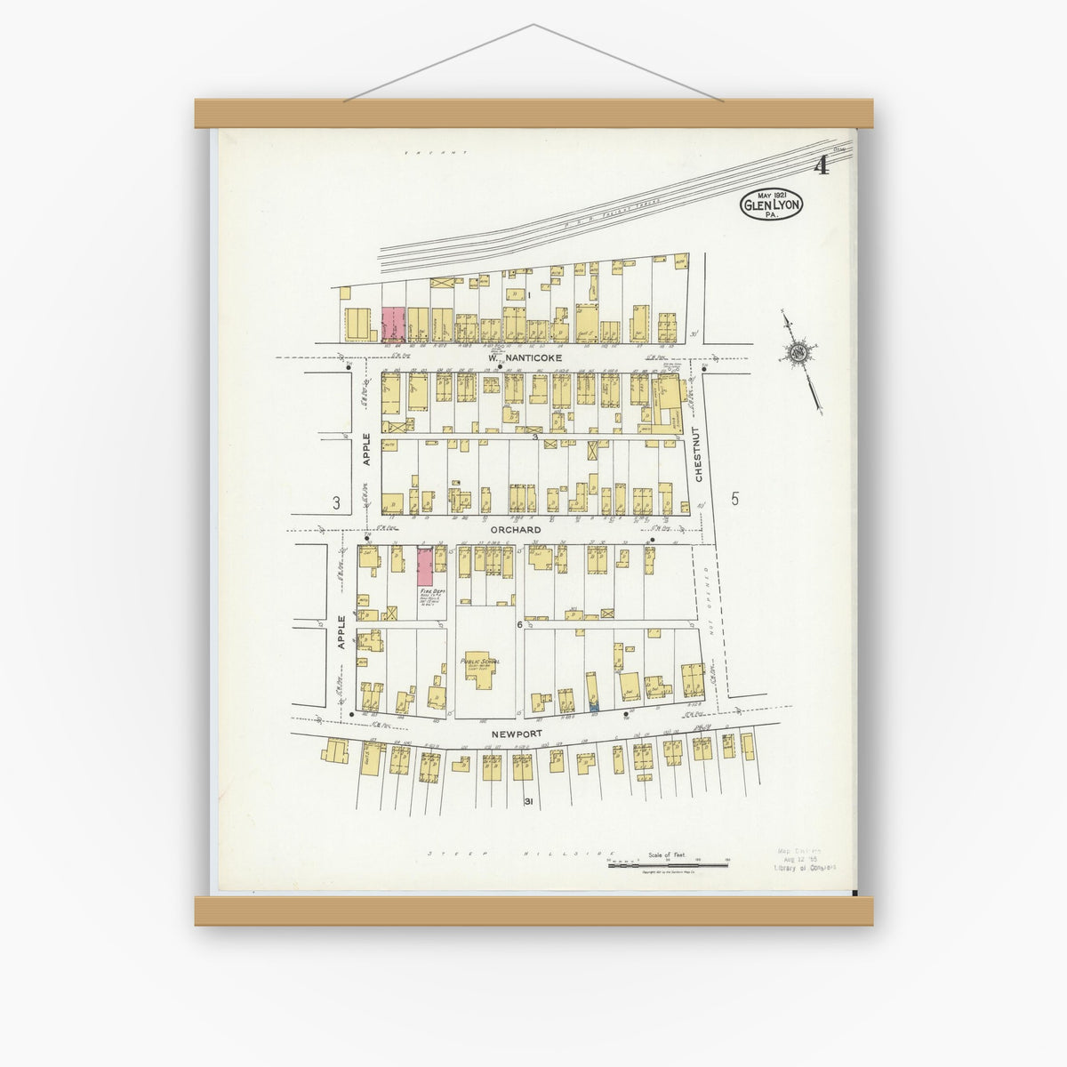 Old map wall art mockup — magnetic wood frame on white wall — Sanborn Fire Insurance Map from Glen Lyon, Luzerne County, Pennsylvania (1921), Sheet #0004