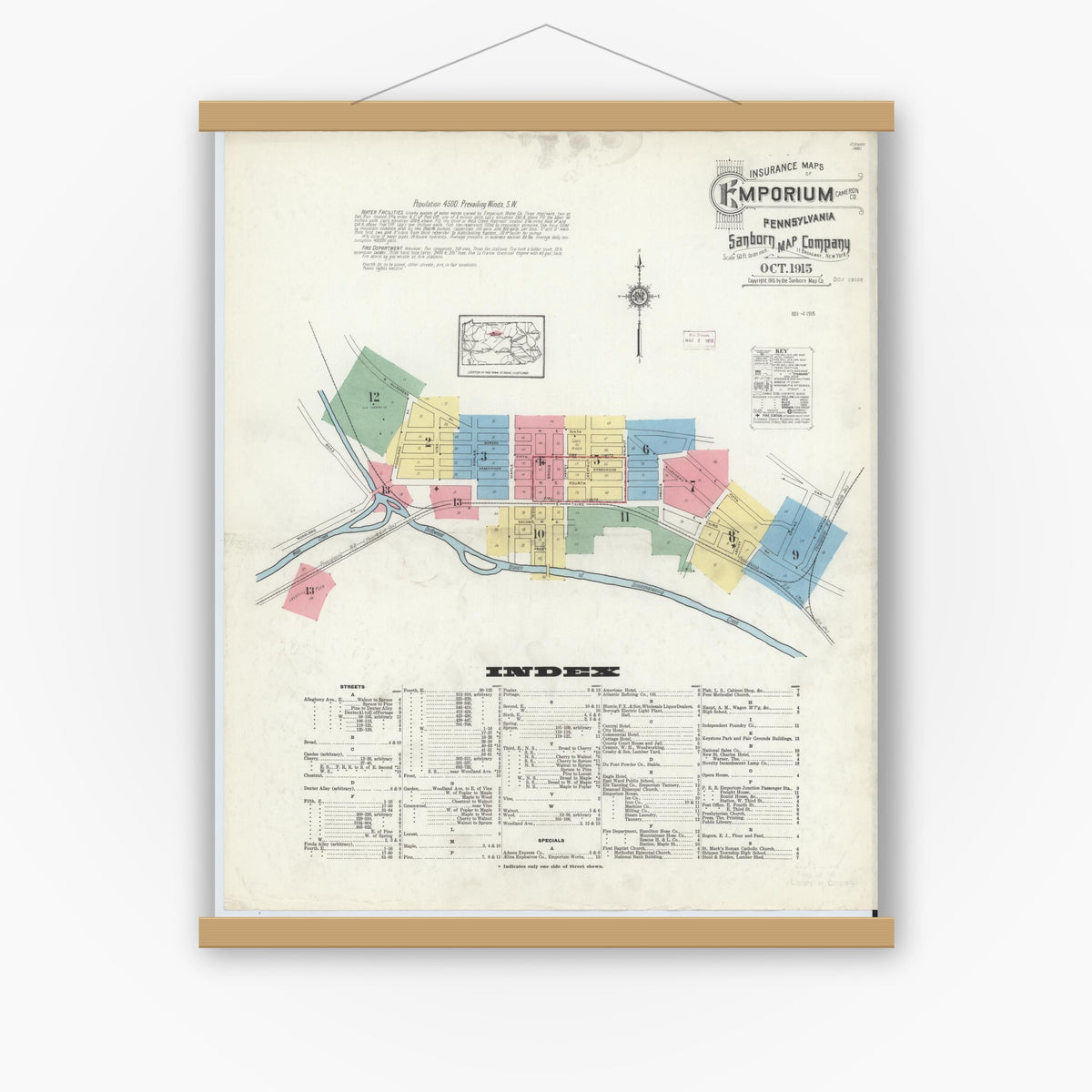 Old map wall art mockup — magnetic wood frame on white wall — Sanborn Fire Insurance Map from Emporium, Cameron County, Pennsylvania (1915) - Complete Map Set