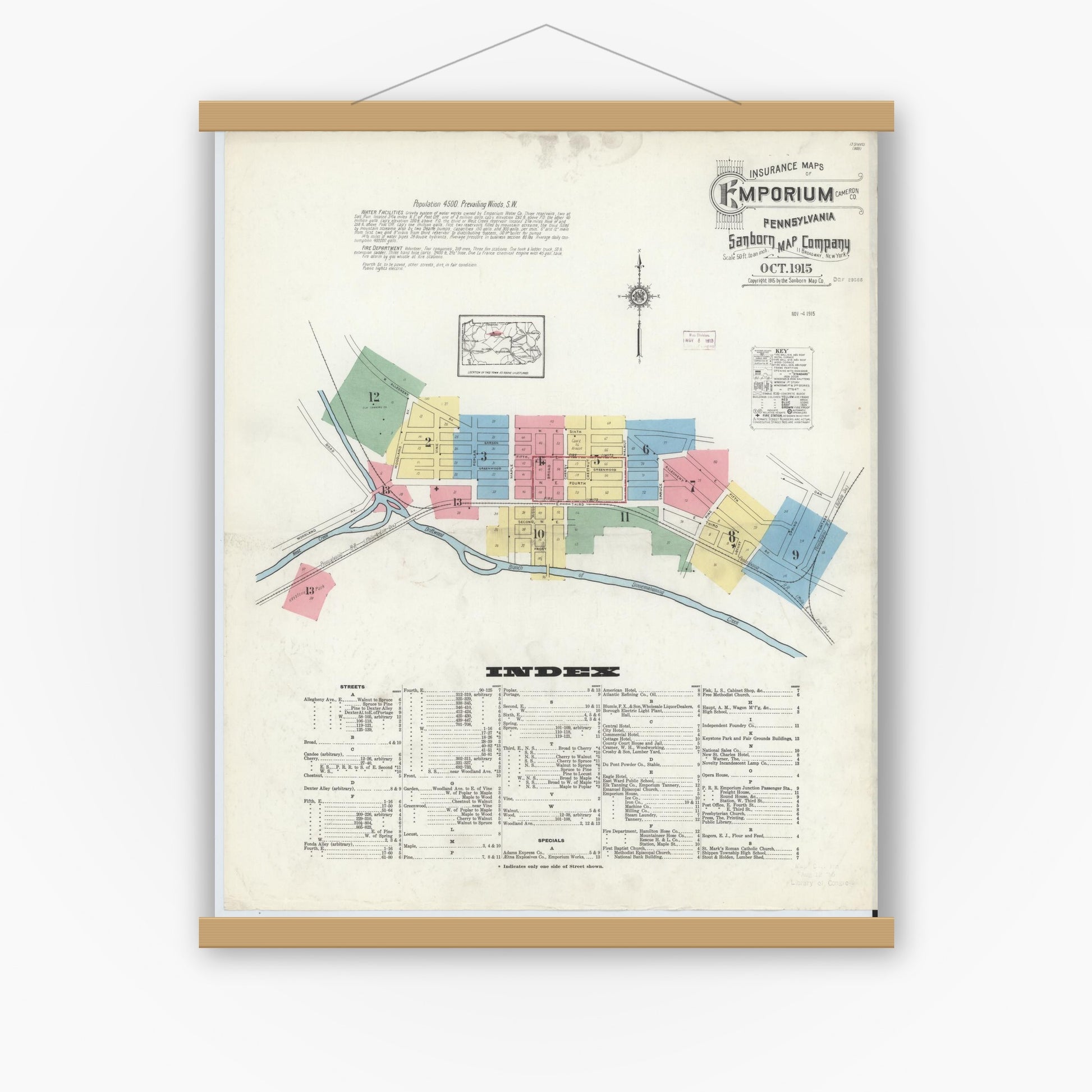 Old map wall art mockup — magnetic wood frame on white wall — Sanborn Fire Insurance Map from Emporium, Cameron County, Pennsylvania (1915) - Complete Map Set