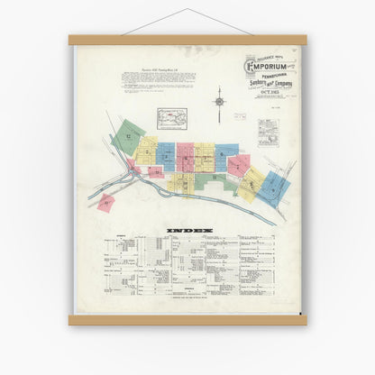 Old map wall art mockup — magnetic wood frame on white wall — Sanborn Fire Insurance Map from Emporium, Cameron County, Pennsylvania (1915) - Complete Map Set