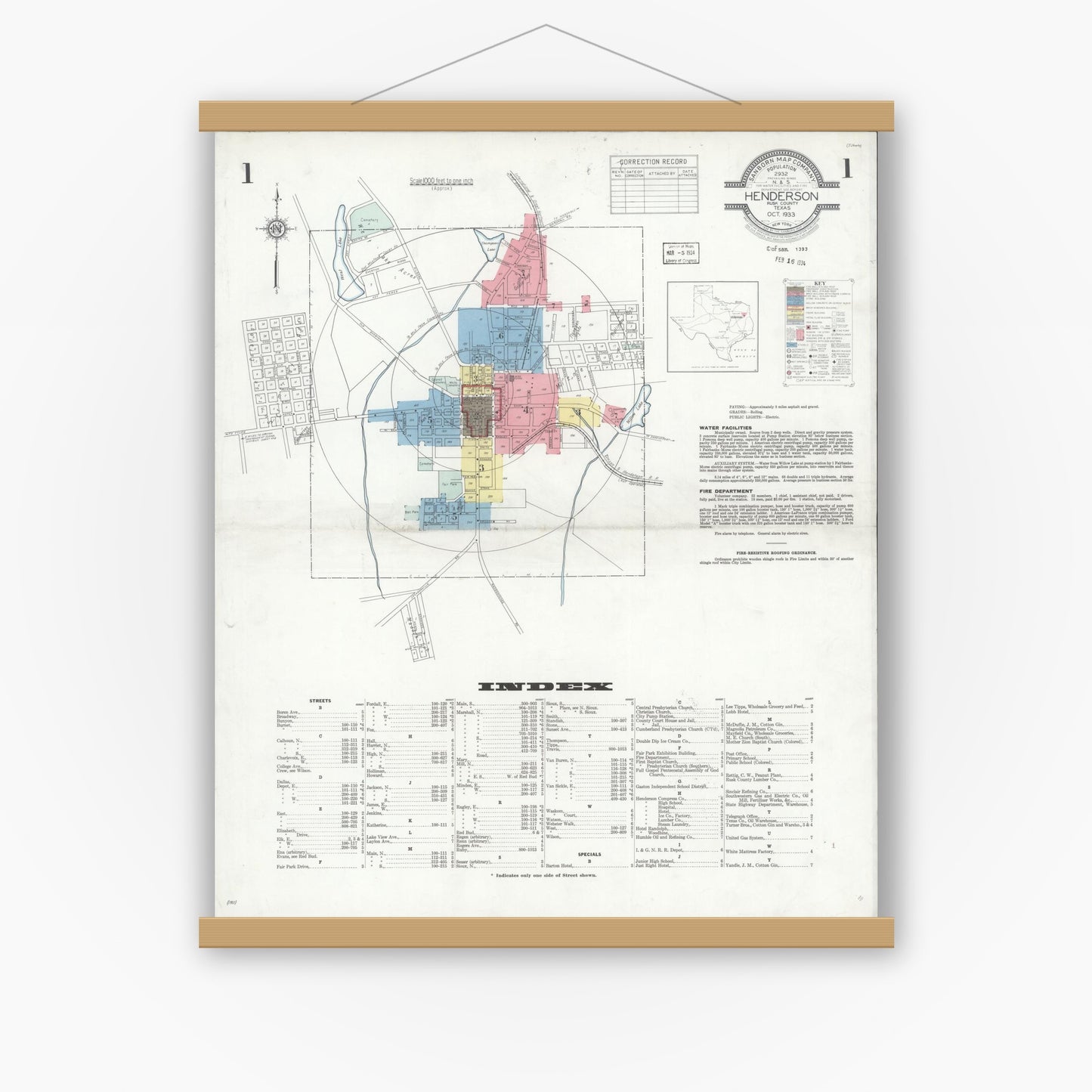 Old map wall art mockup — magnetic wood frame on white wall — Sanborn Fire Insurance Map from Henderson, Rusk County, Texas (1933) - Complete Map Set