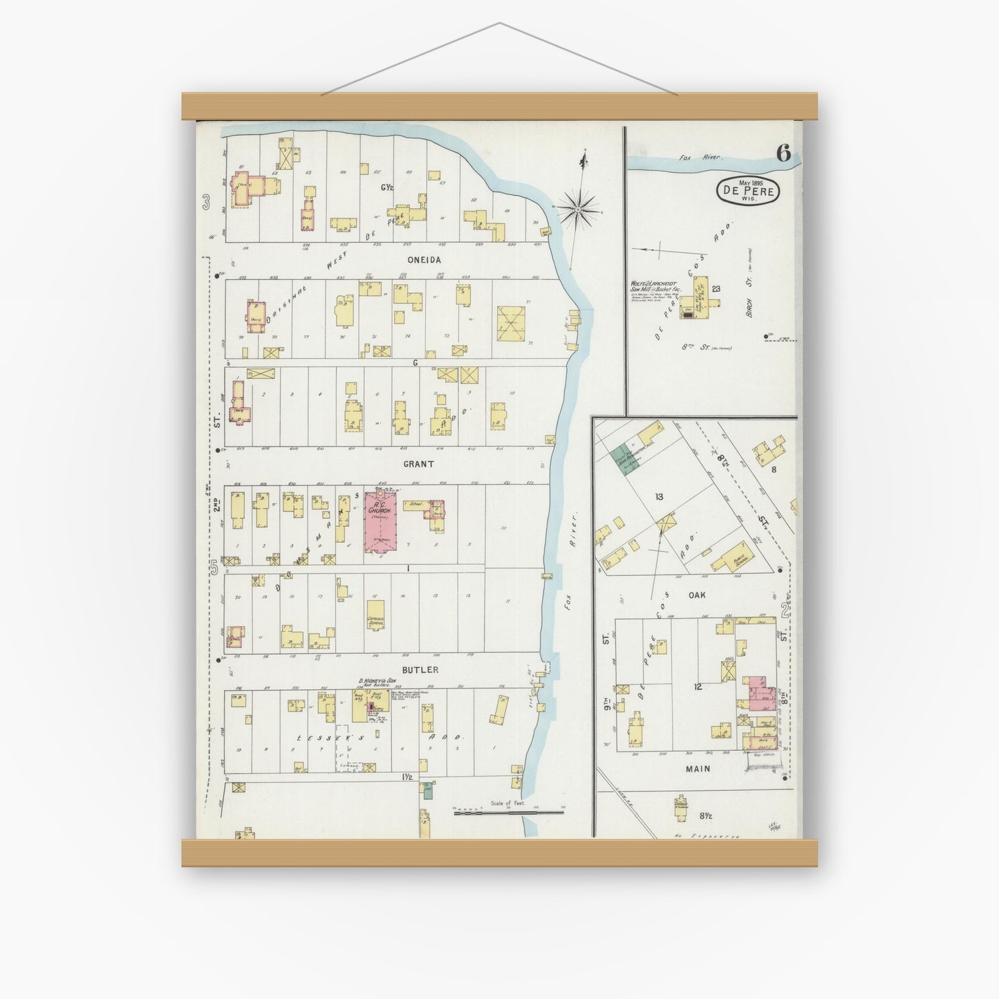Old map wall art mockup — magnetic wood frame on white wall — Sanborn Fire Insurance Map from De Pere, Brown County, Wisconsin (1895), Sheet #0006