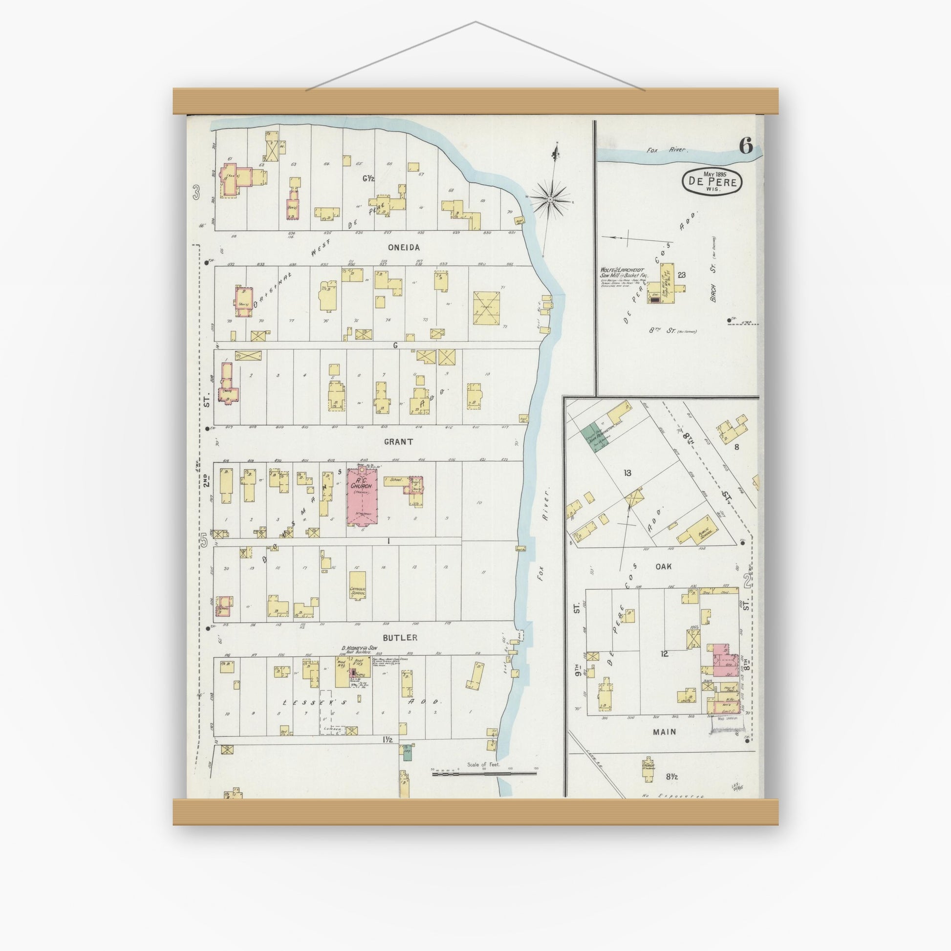 Old map wall art mockup — magnetic wood frame on white wall — Sanborn Fire Insurance Map from De Pere, Brown County, Wisconsin (1895), Sheet #0006
