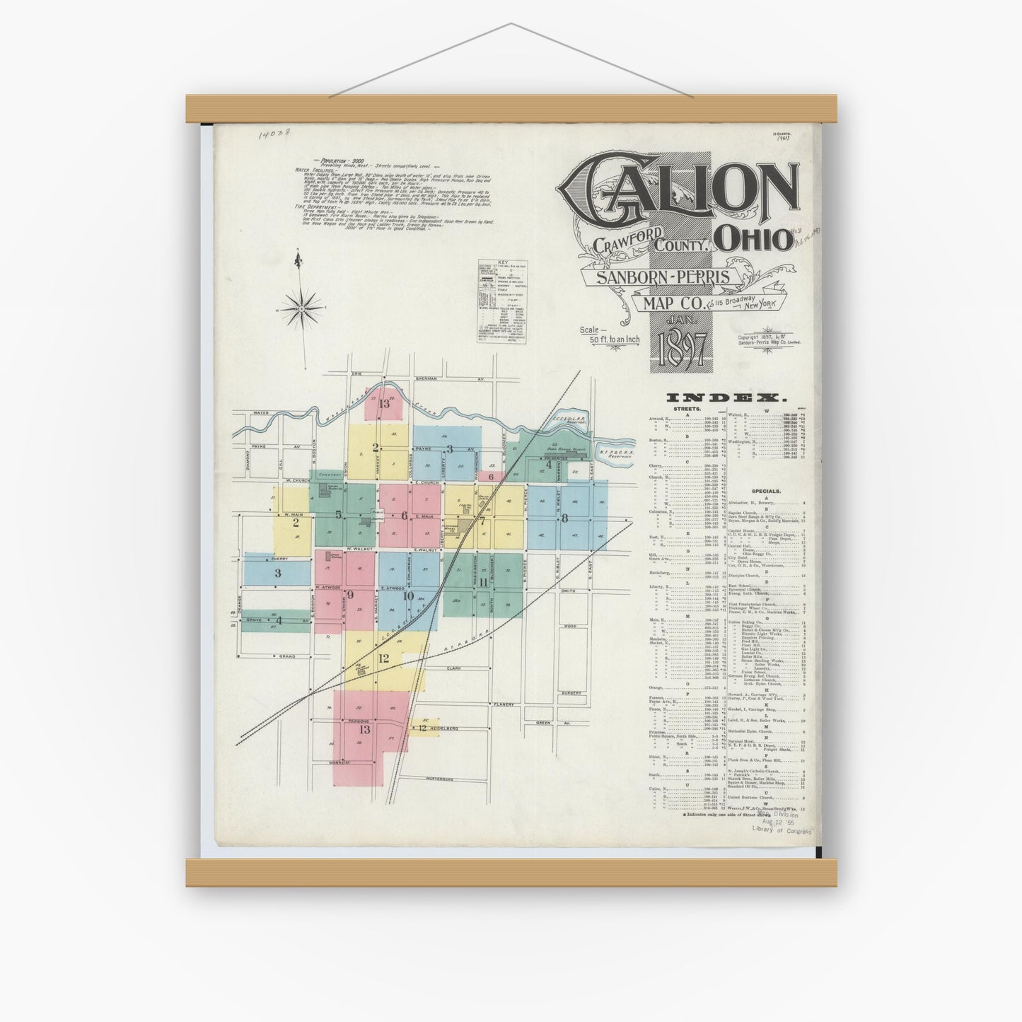 Old map wall art mockup — magnetic wood frame on white wall — Sanborn Fire Insurance Map from Galion, Crawford County, Ohio (1897), Sheet #0001