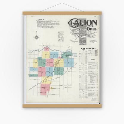 Old map wall art mockup — magnetic wood frame on white wall — Sanborn Fire Insurance Map from Galion, Crawford County, Ohio (1897), Sheet #0001