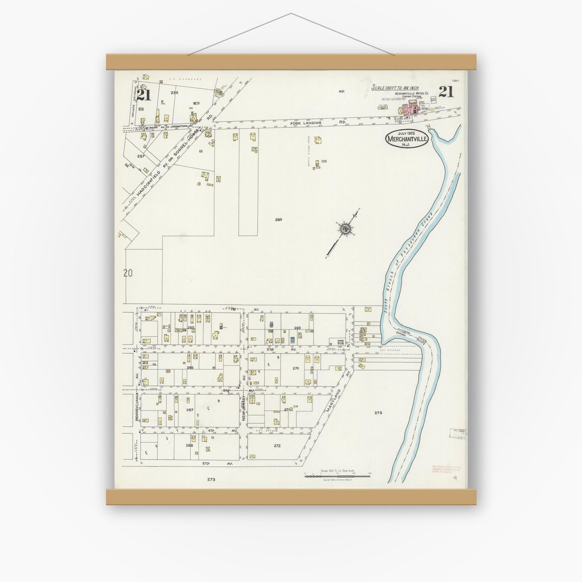 Old map wall art mockup — magnetic wood frame on white wall — Sanborn Fire Insurance Map from Merchantville, Camden County, New Jersey (1925), Sheet #0021