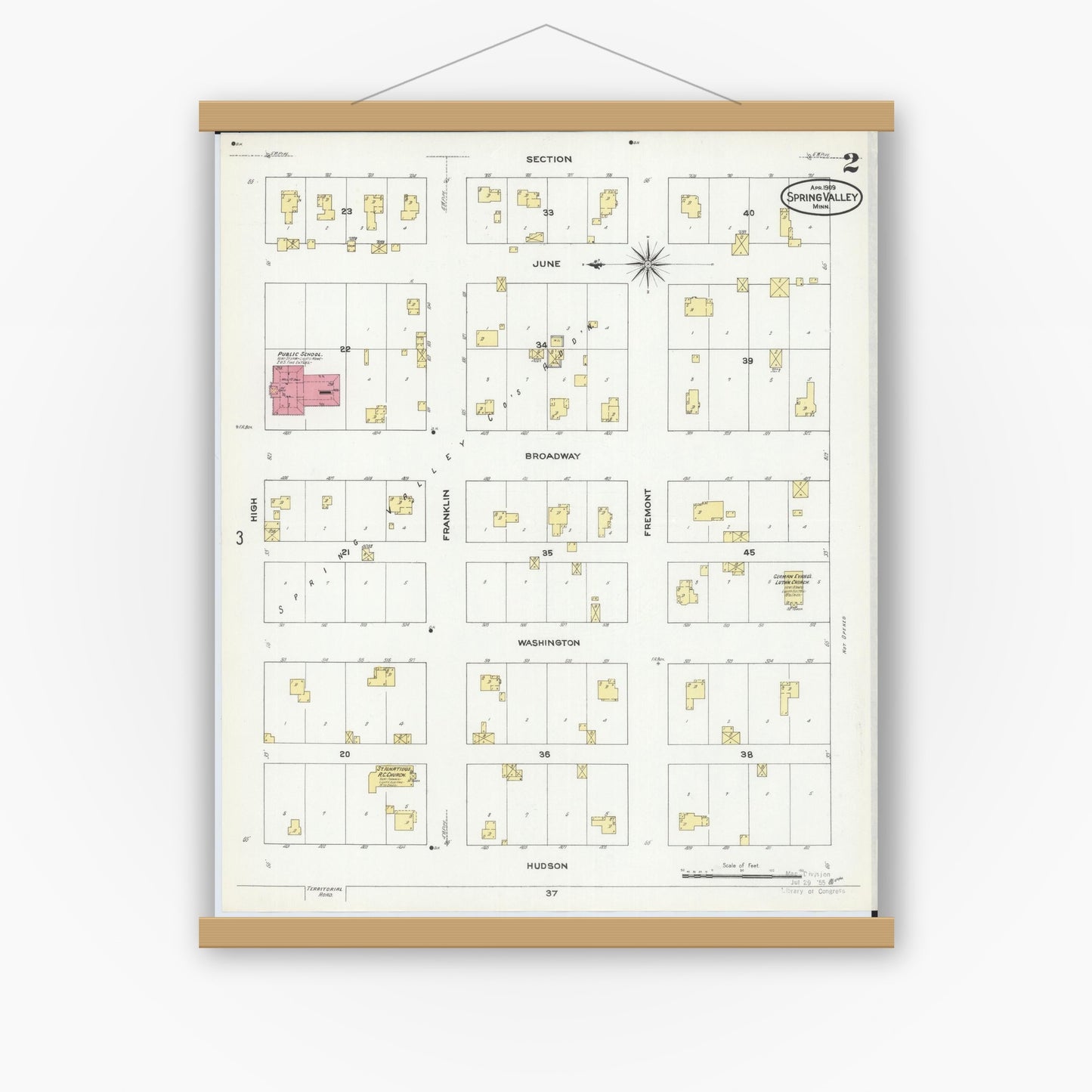 Old map wall art mockup — magnetic wood frame on white wall — Sanborn Fire Insurance Map from Spring Valley, Fillmore County, Minnesota (1909), Sheet #0002
