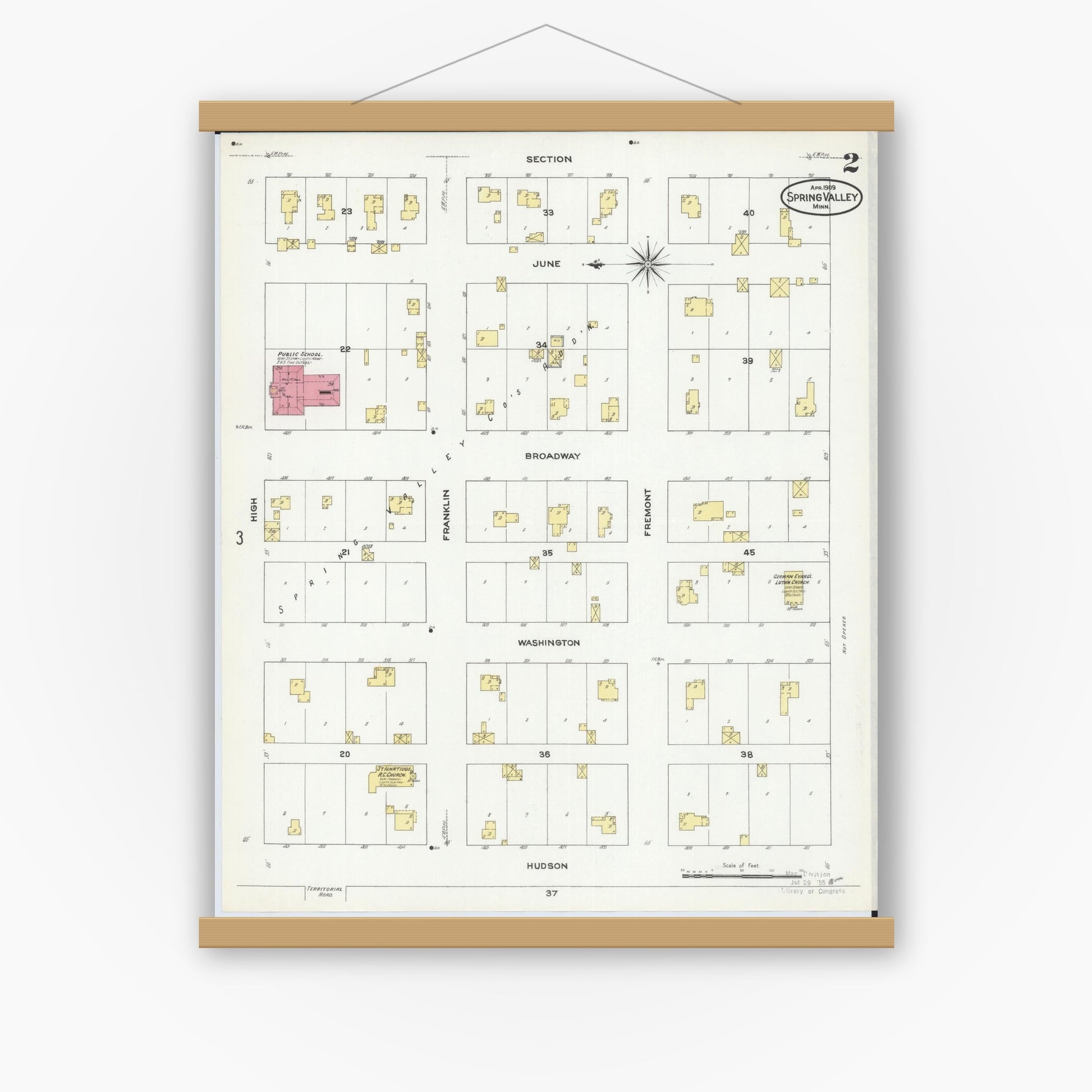 Old map wall art mockup — magnetic wood frame on white wall — Sanborn Fire Insurance Map from Spring Valley, Fillmore County, Minnesota (1909), Sheet #0002