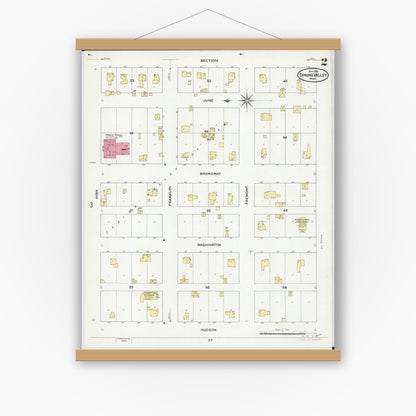 Old map wall art mockup — magnetic wood frame on white wall — Sanborn Fire Insurance Map from Spring Valley, Fillmore County, Minnesota (1909), Sheet #0002