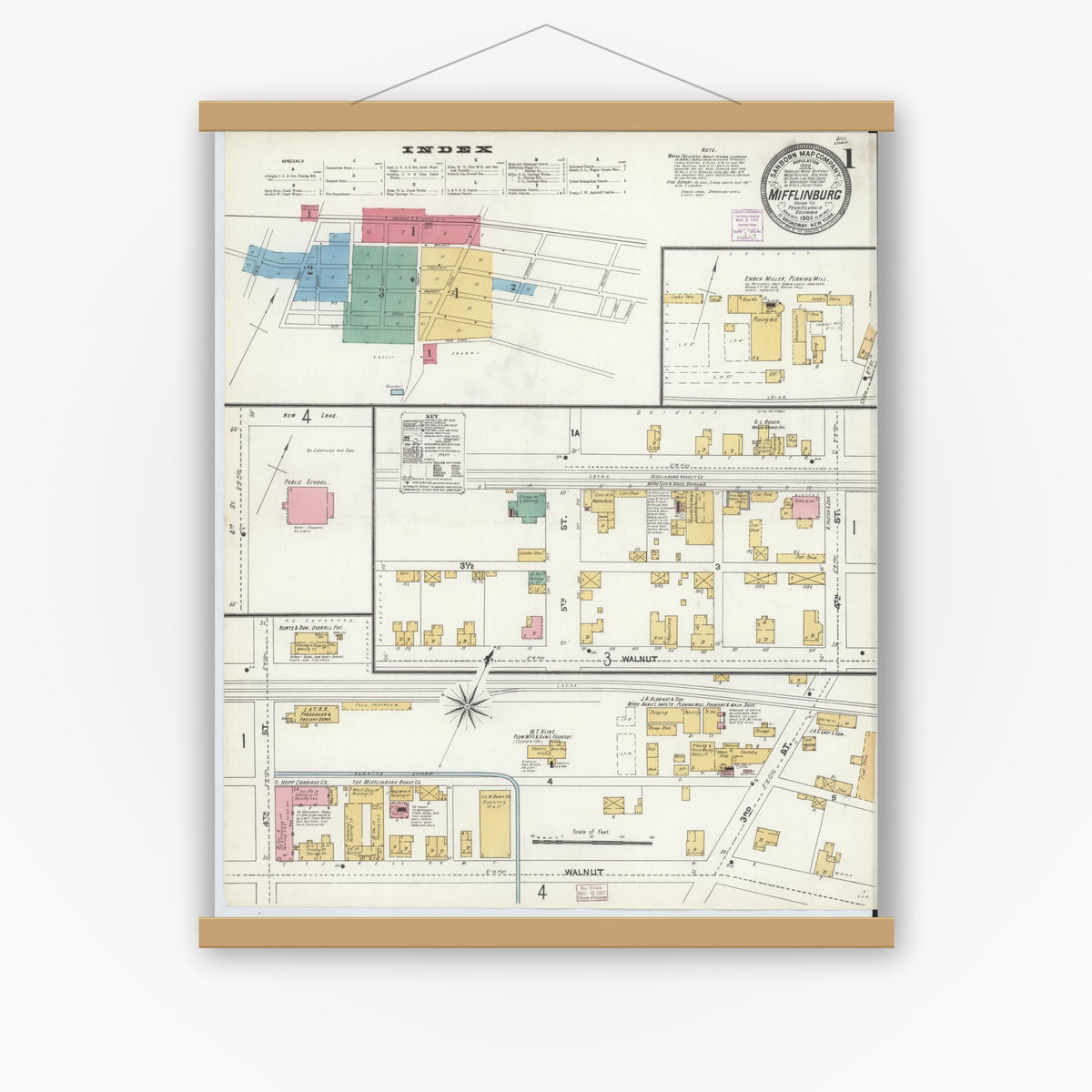 Old map wall art mockup — magnetic wood frame on white wall — Sanborn Fire Insurance Map from Mifflinburg, Union County, Pennsylvania (1906), Sheet #0001