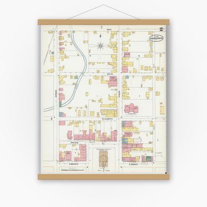 Old map wall art mockup — magnetic wood frame on white wall — Sanborn Fire Insurance Map from Harrisonburg, Independent Cities, Virginia (1902), Sheet #0002