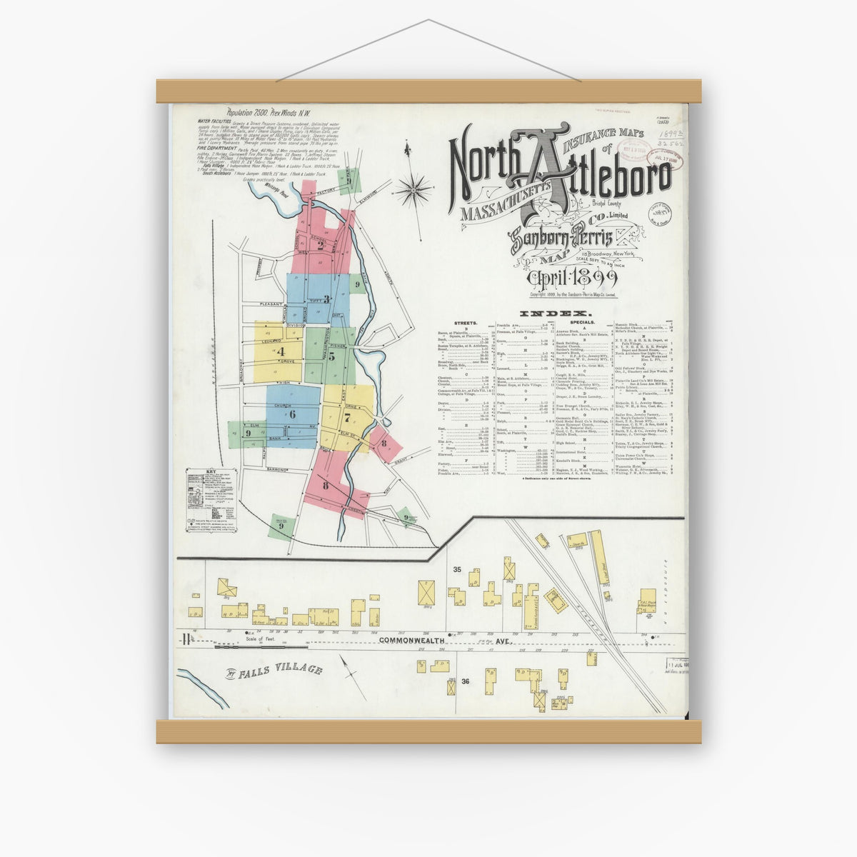 Old map wall art mockup — magnetic wood frame on white wall — Sanborn Fire Insurance Map from North Attleborough, Bristol County, Massachusetts (1899), Sheet #0001
